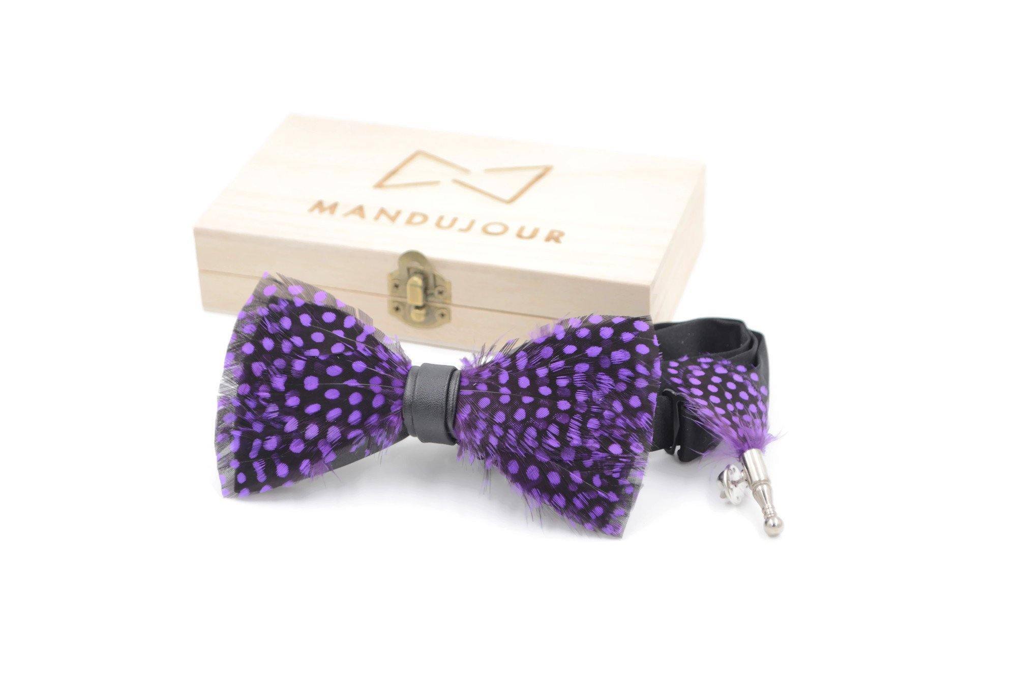 Purple and black Feather Bow tie & lapel pin set - Mandujour Handmade bow ties