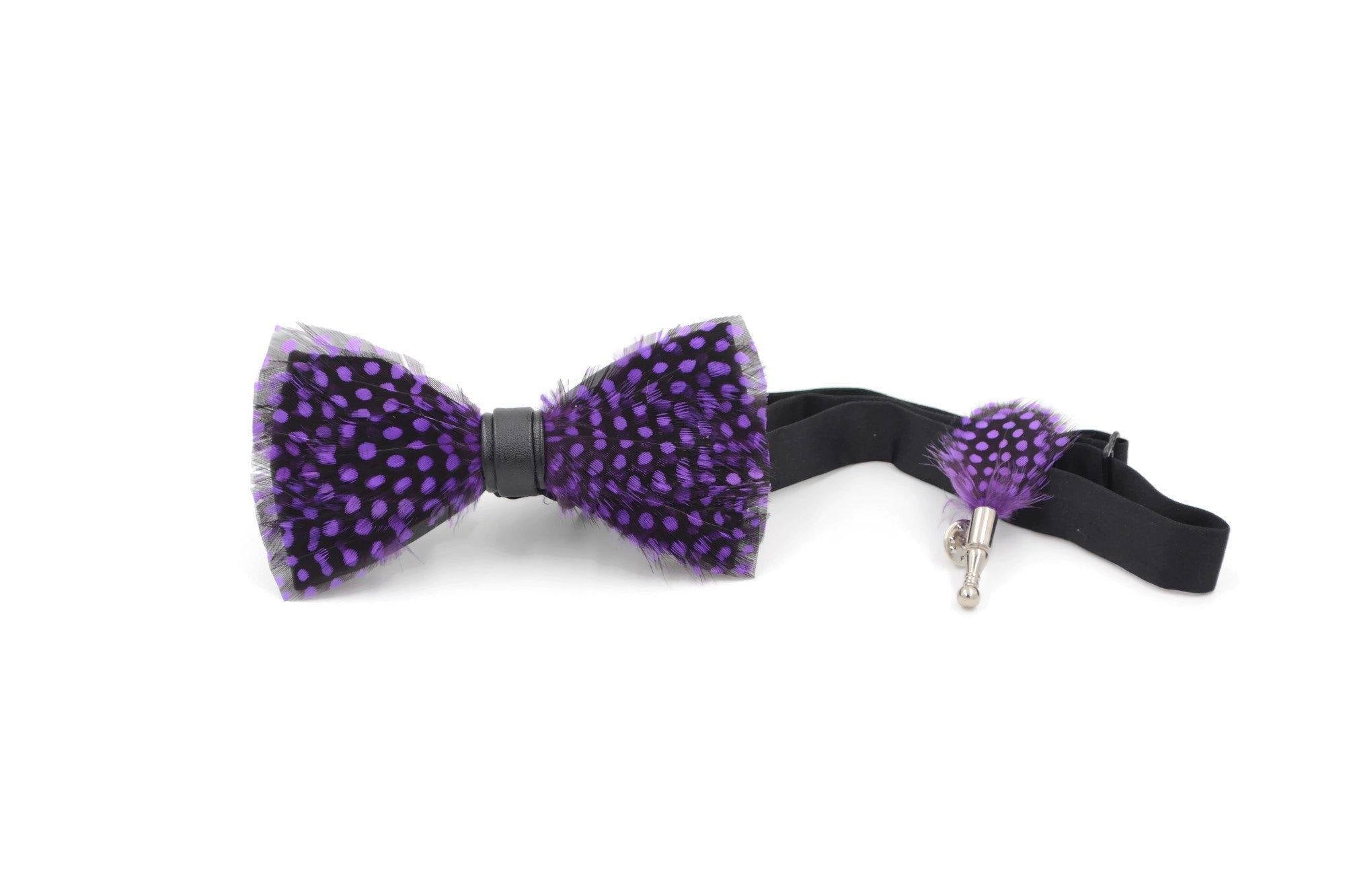Purple and black Feather Bow tie & lapel pin set - Mandujour Handmade bow ties
