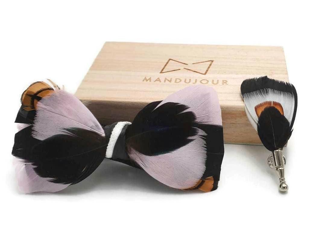 Wishful Pink Black Feather Bow Tie and Lapel Pin set - Mandujour Handmade gift for men