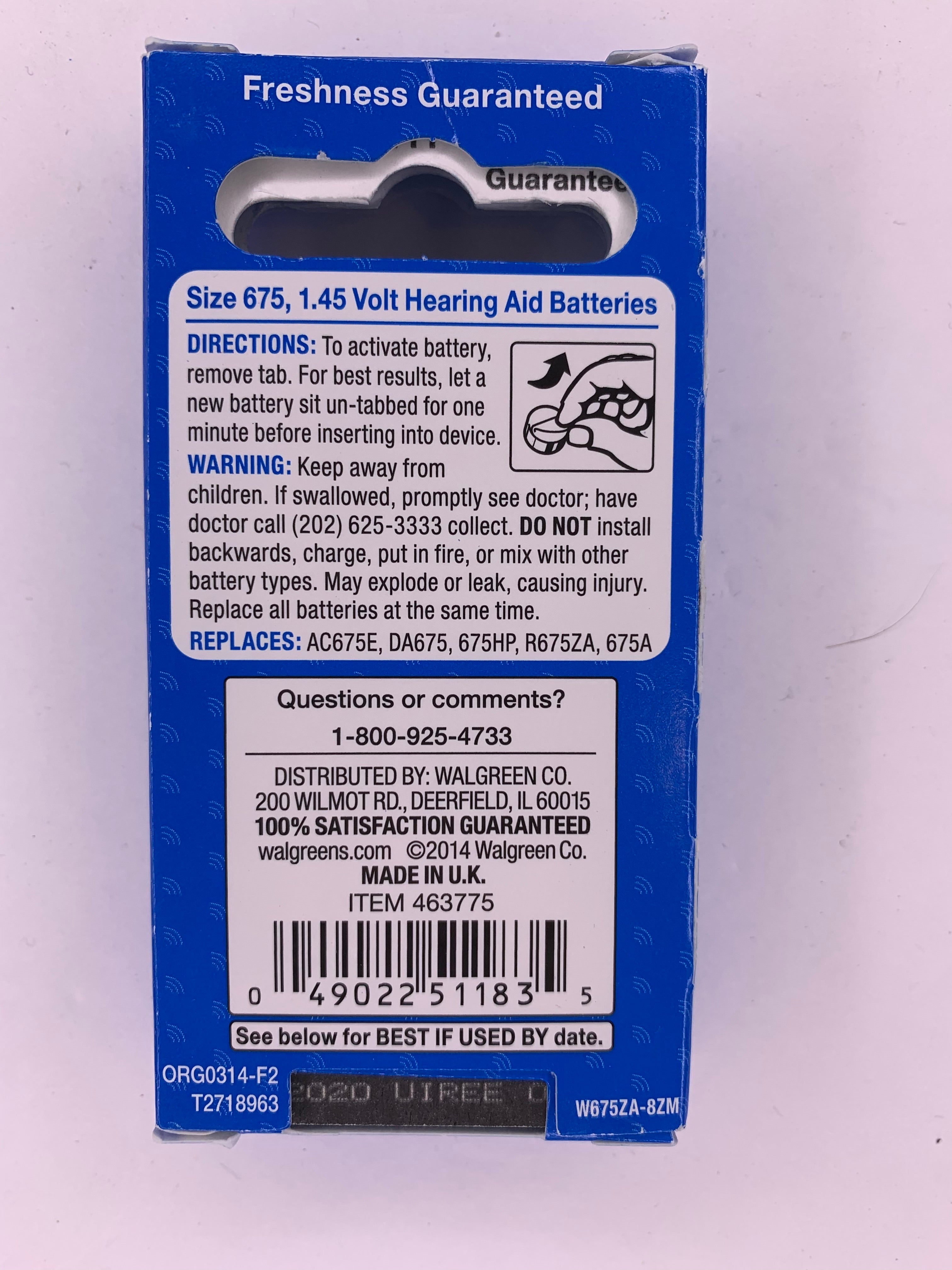 Walgreens Hearing Aid Batteries 2020/2021 Size 675 8 Pack Zinc Air