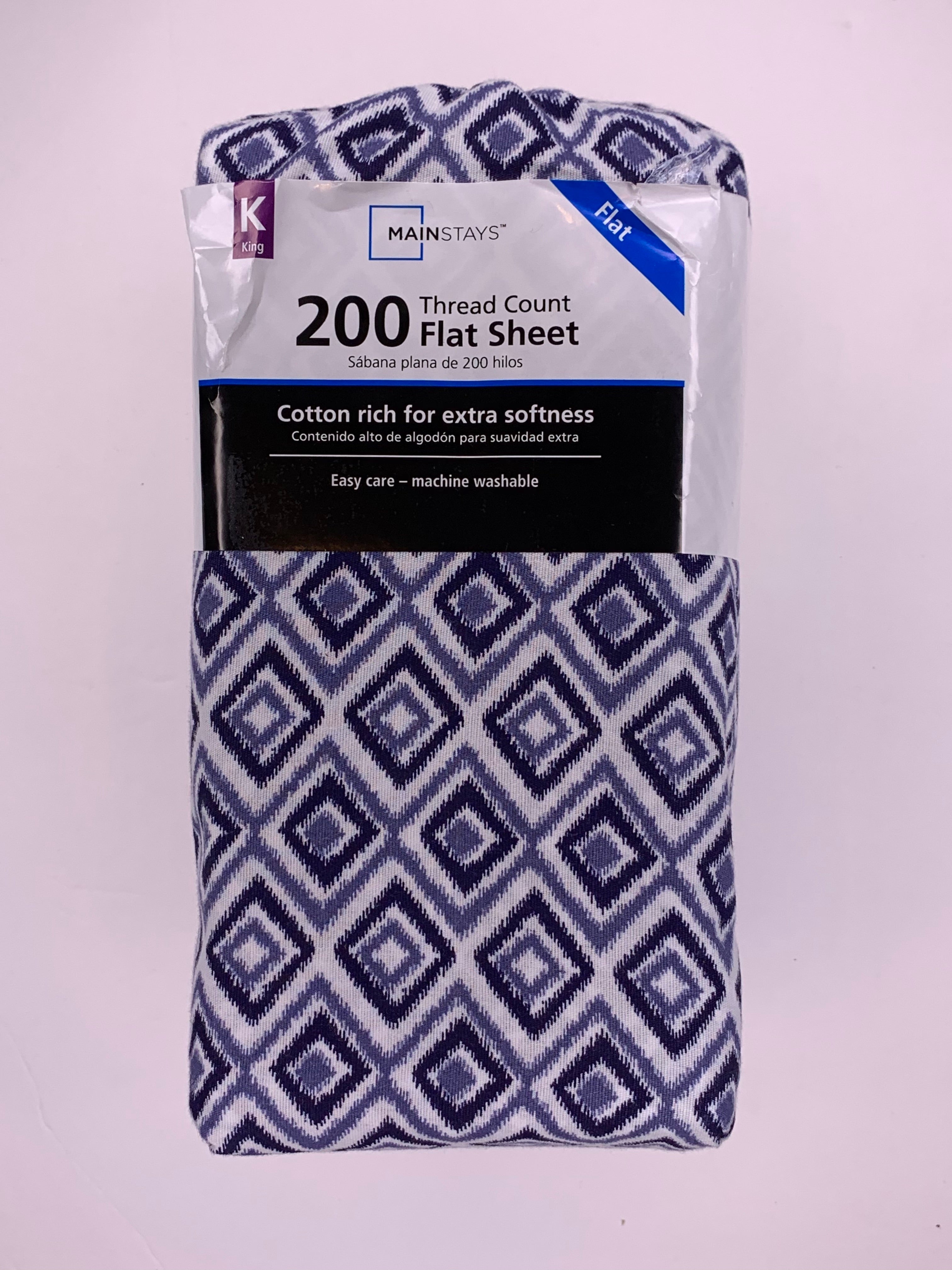 Walmart Mainstays King 200 Thread Count Flat Sheet Blue Square Cotton Soft