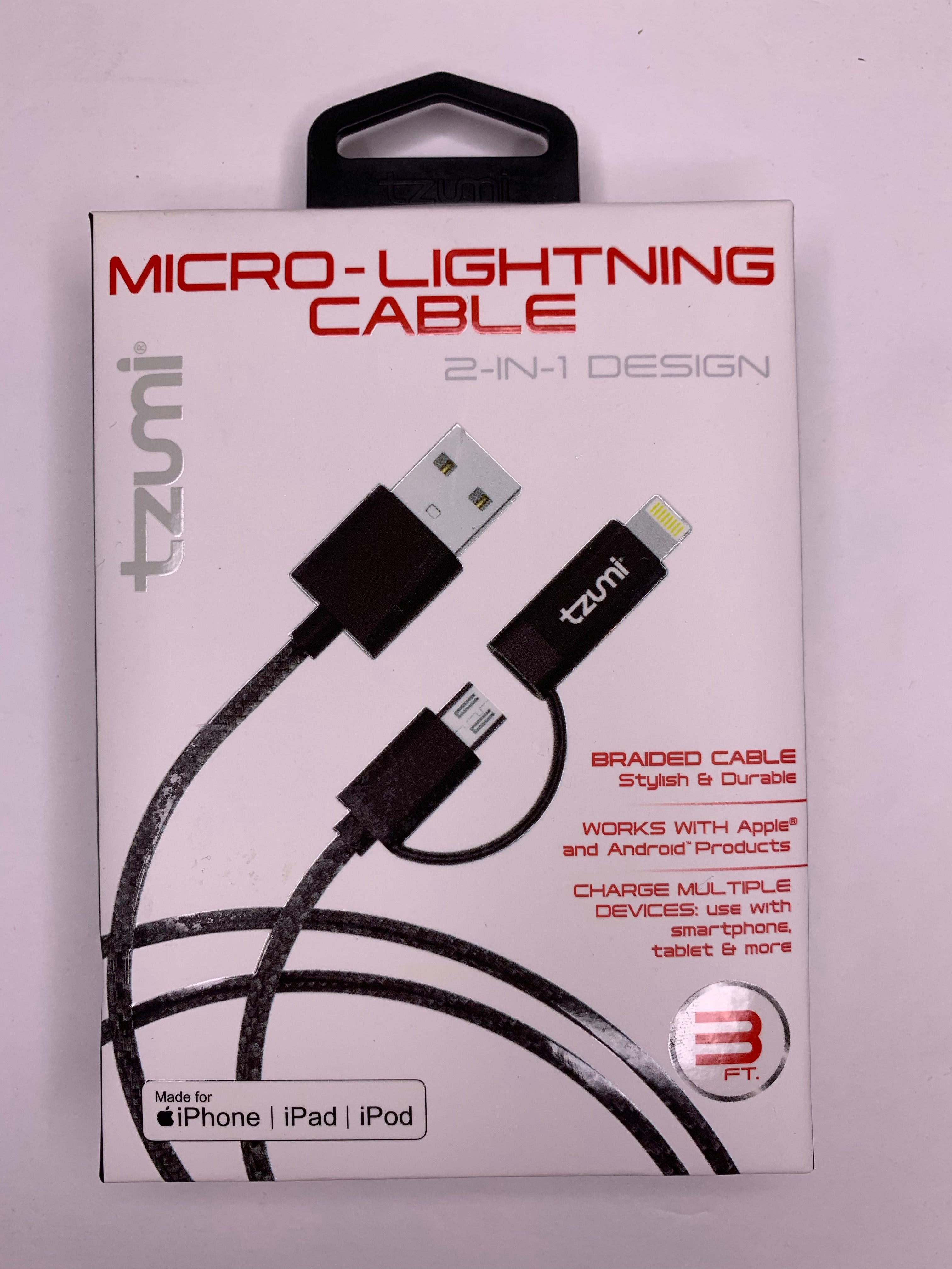 Tzumi Micro Lightning Cable 2-in-1 Design iPhone iPad iPod Cable
