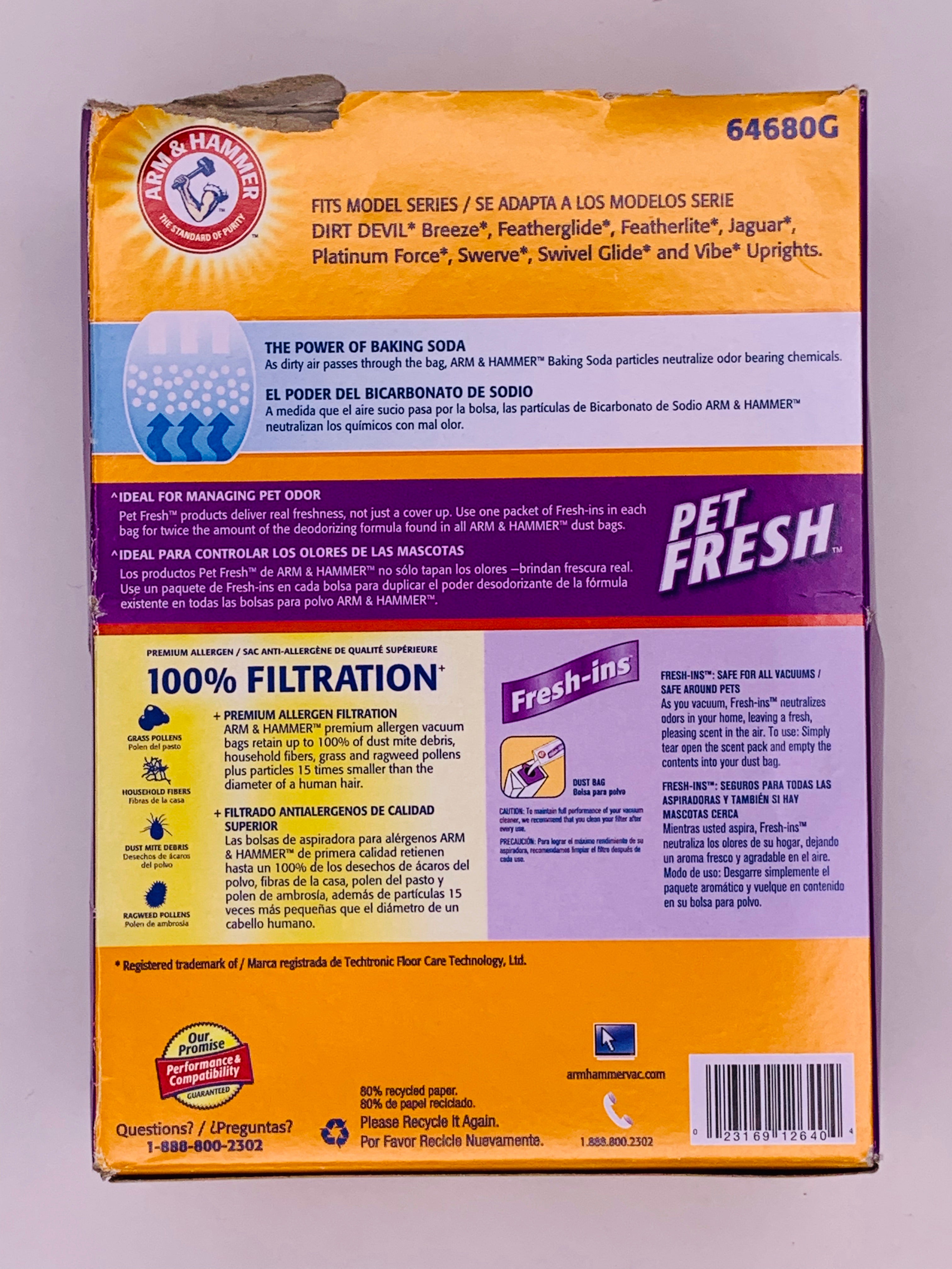 Arm & Hammer Pet Fresh Odor Eliminating Vaccum Bags for Dirt Devil 64680G