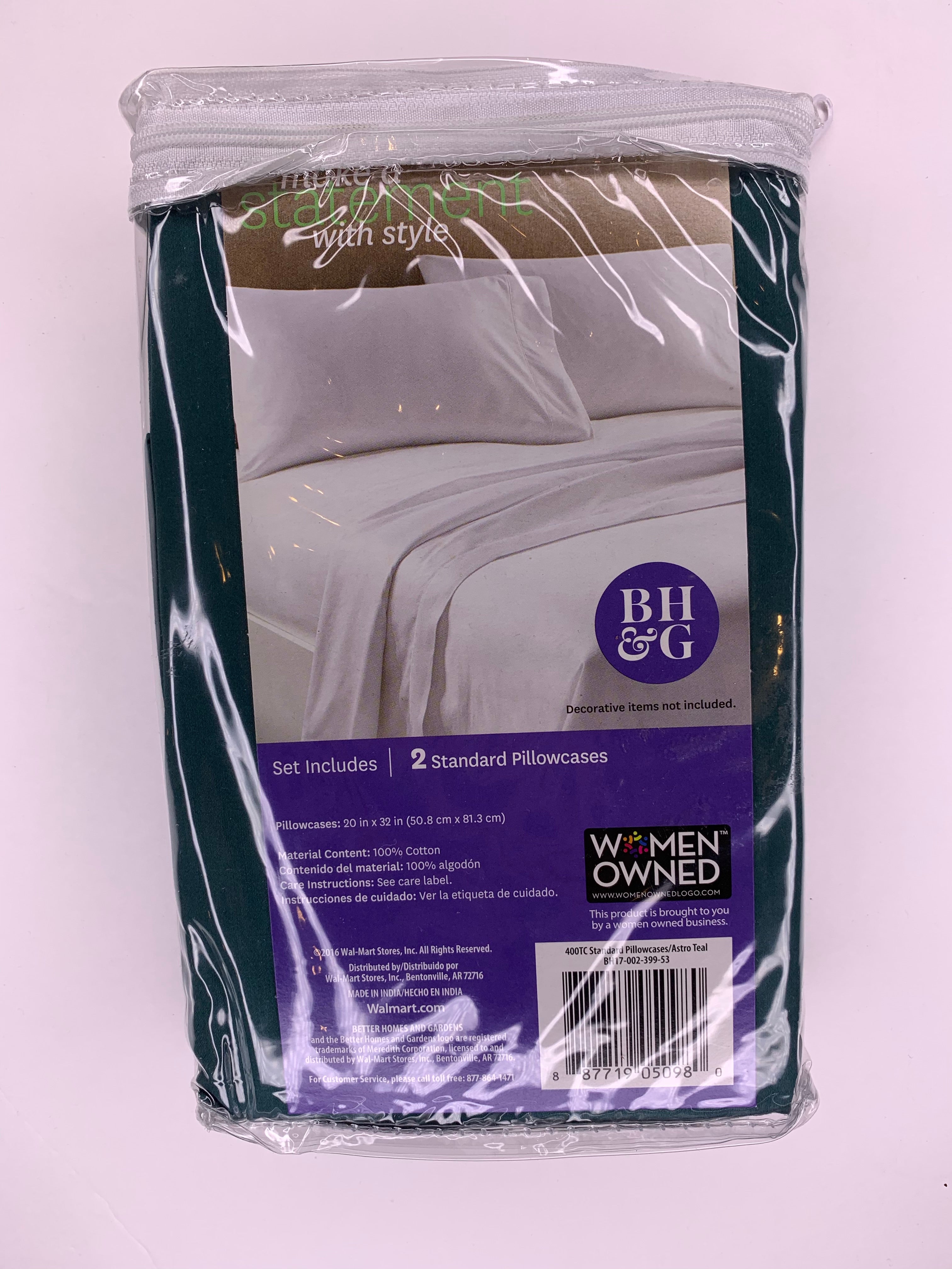 Better Homes & Gardens 400 Thread Count Green Standard Pillowcase 100% Cotton