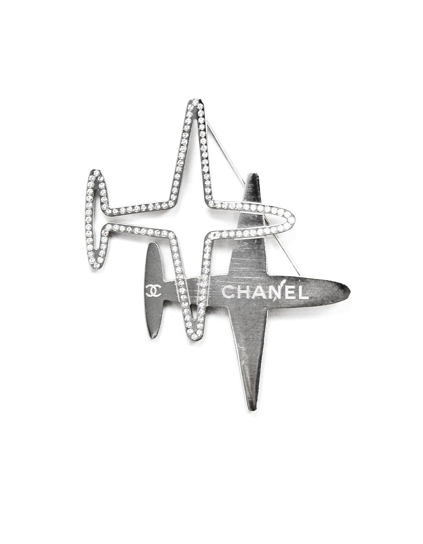 Chanel Two Planes Crystal CC Silvertone Brooch