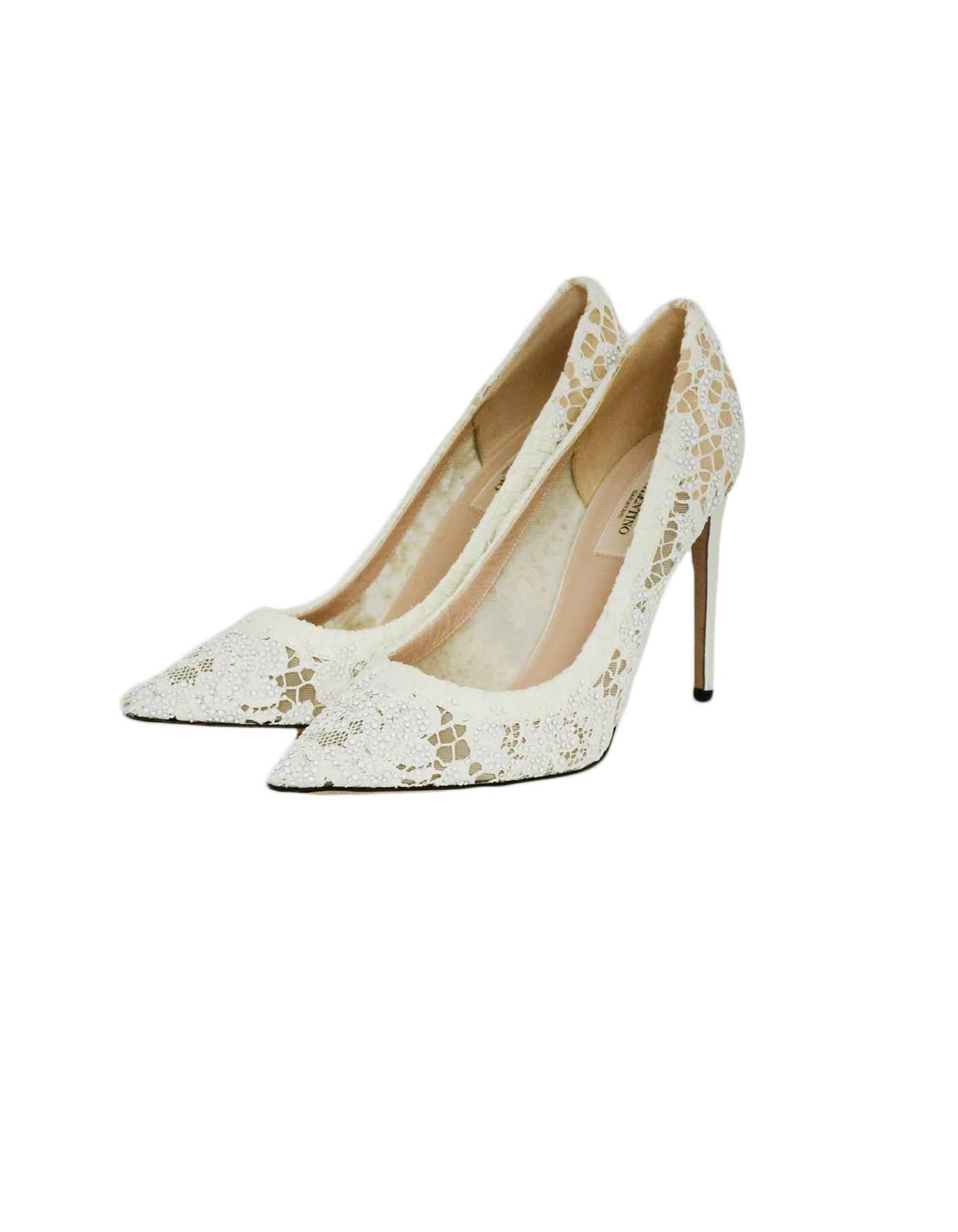 Valentino White Lace/Crystal Point Toe Pumps sz 39 rt. $1,695