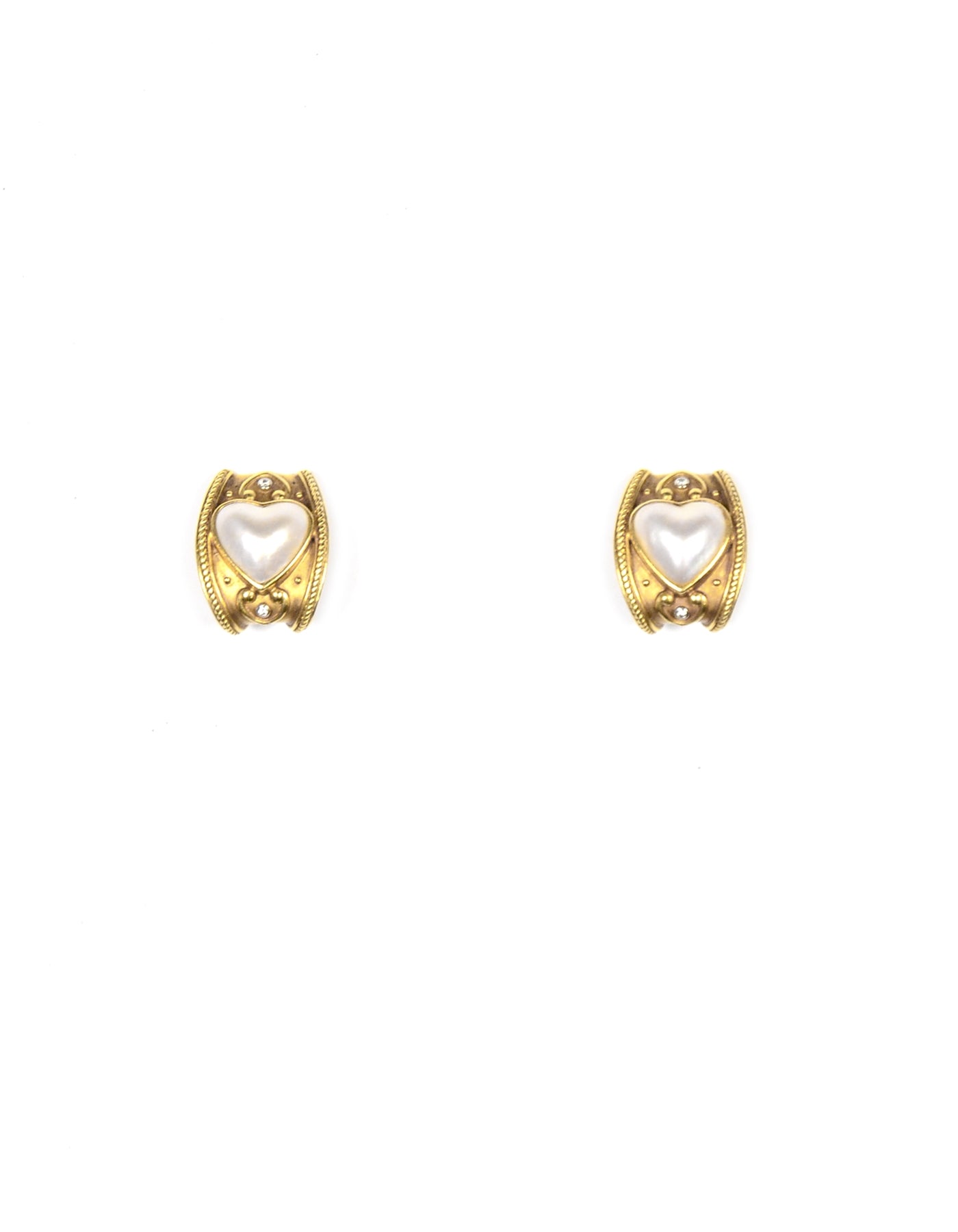Vintage 18K Gold Clip On Earrings W/ Diamond & Pearl Heart