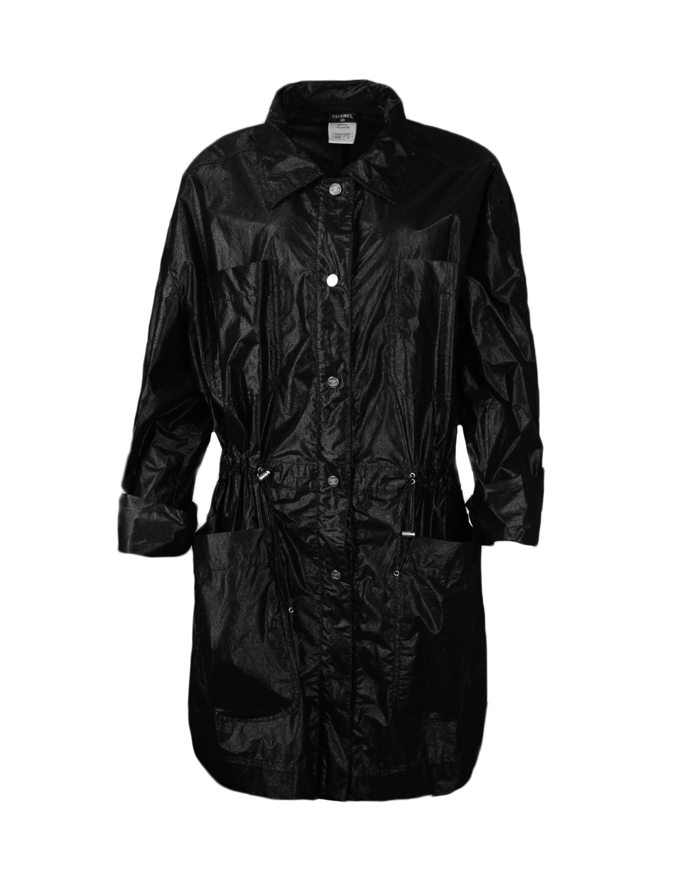 Chanel Black Shiny Snap Jacket with Elastic Cinched Waist sz FR40