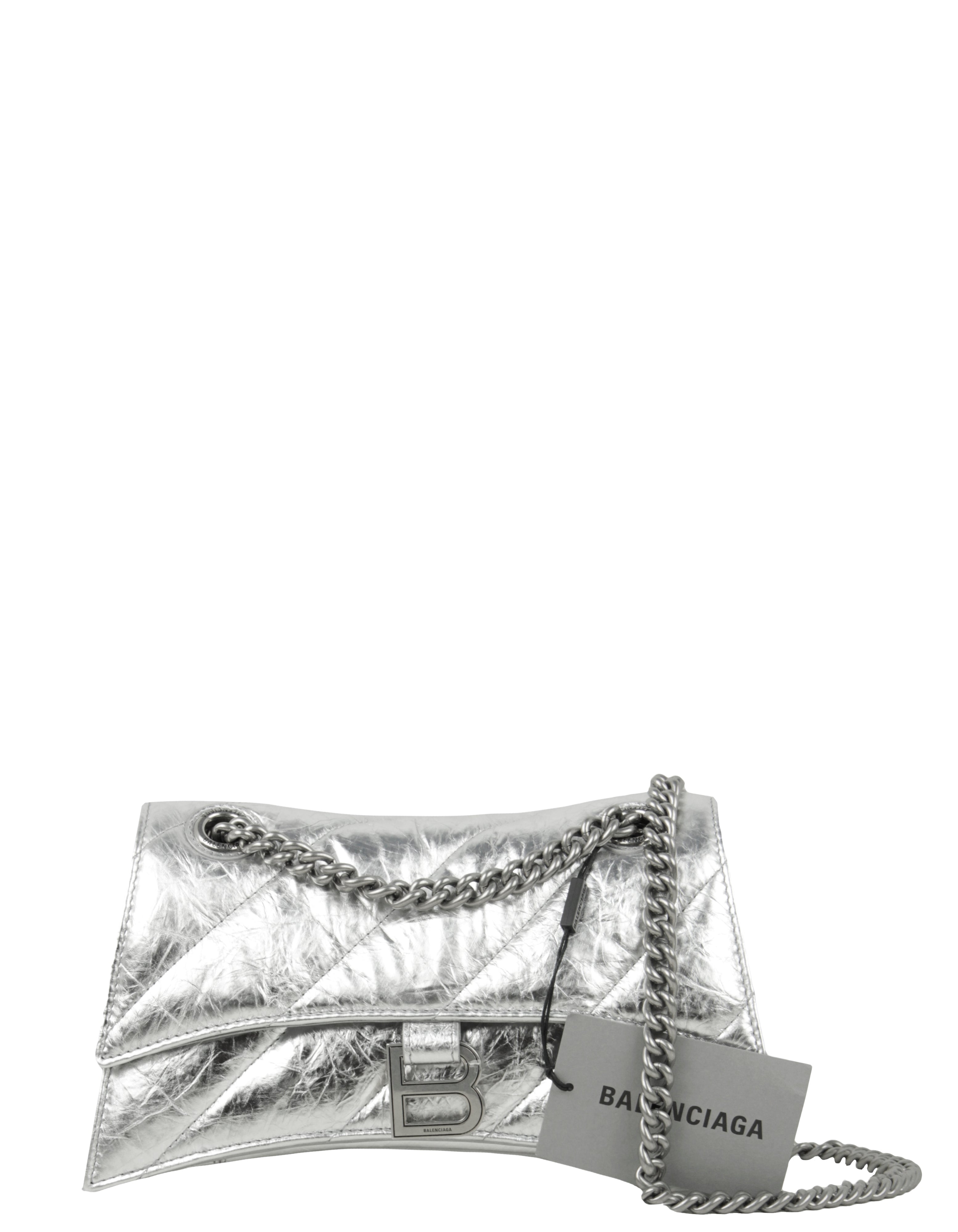 Balenciaga NWT Silver Crinkled-Leather Small Hourglass Chain Shoulder bag