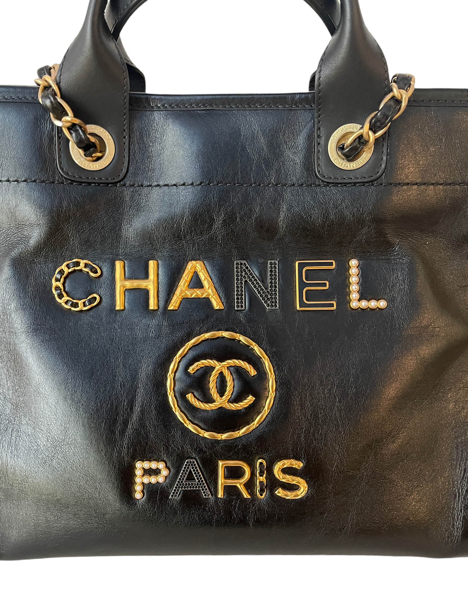 Chanel Black Aged Calfskin Leather Medium Charms Deauville Tote Bag