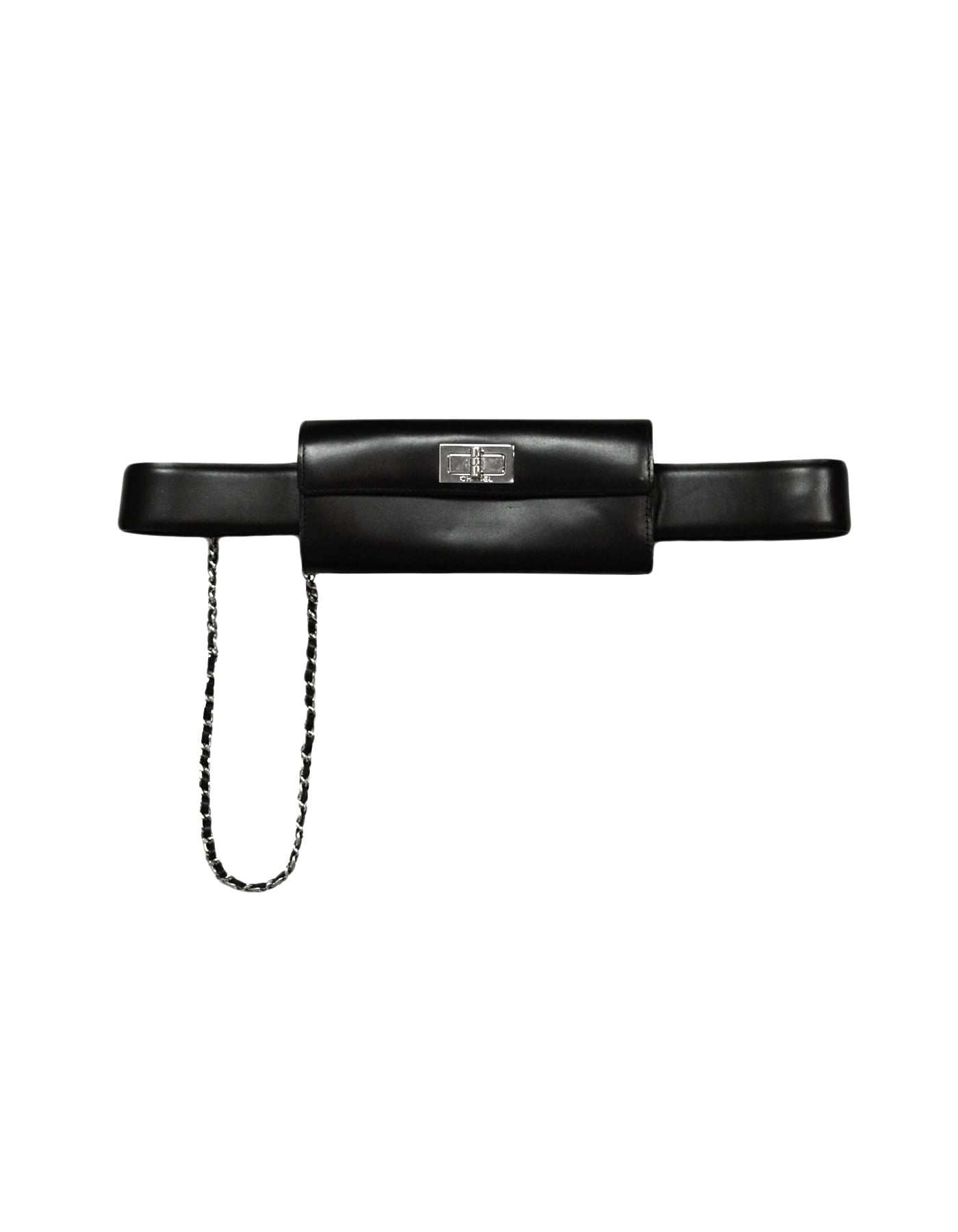 Chanel Black Smooth Leather 2.55 Reissue Lock Belt Bag w/ Chain