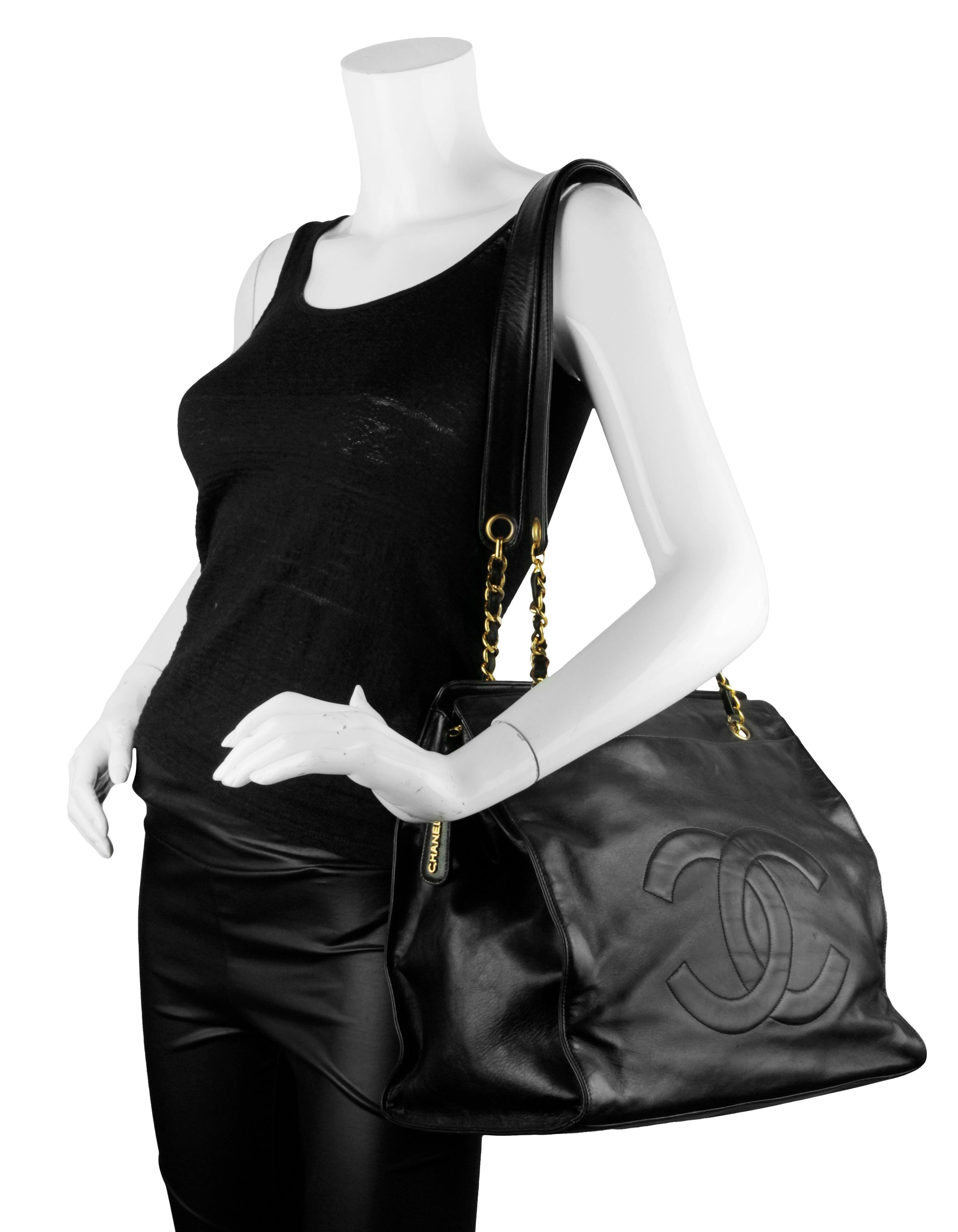 Chanel Black Vintage Lambskin Leather CC Logo Tote Bag