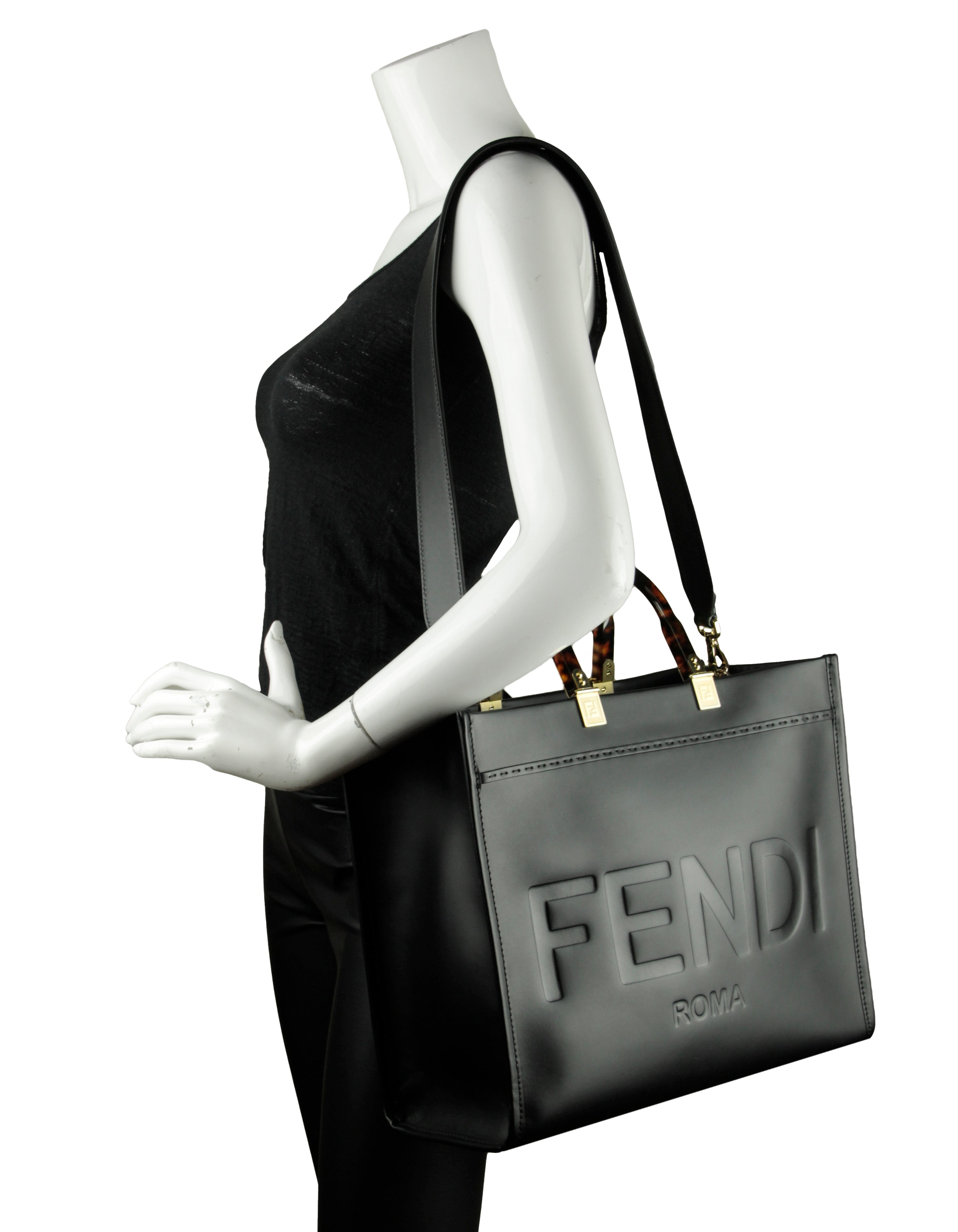 Fendi Black Leather Medium Fendi Sunshine Shopper Tote Bag