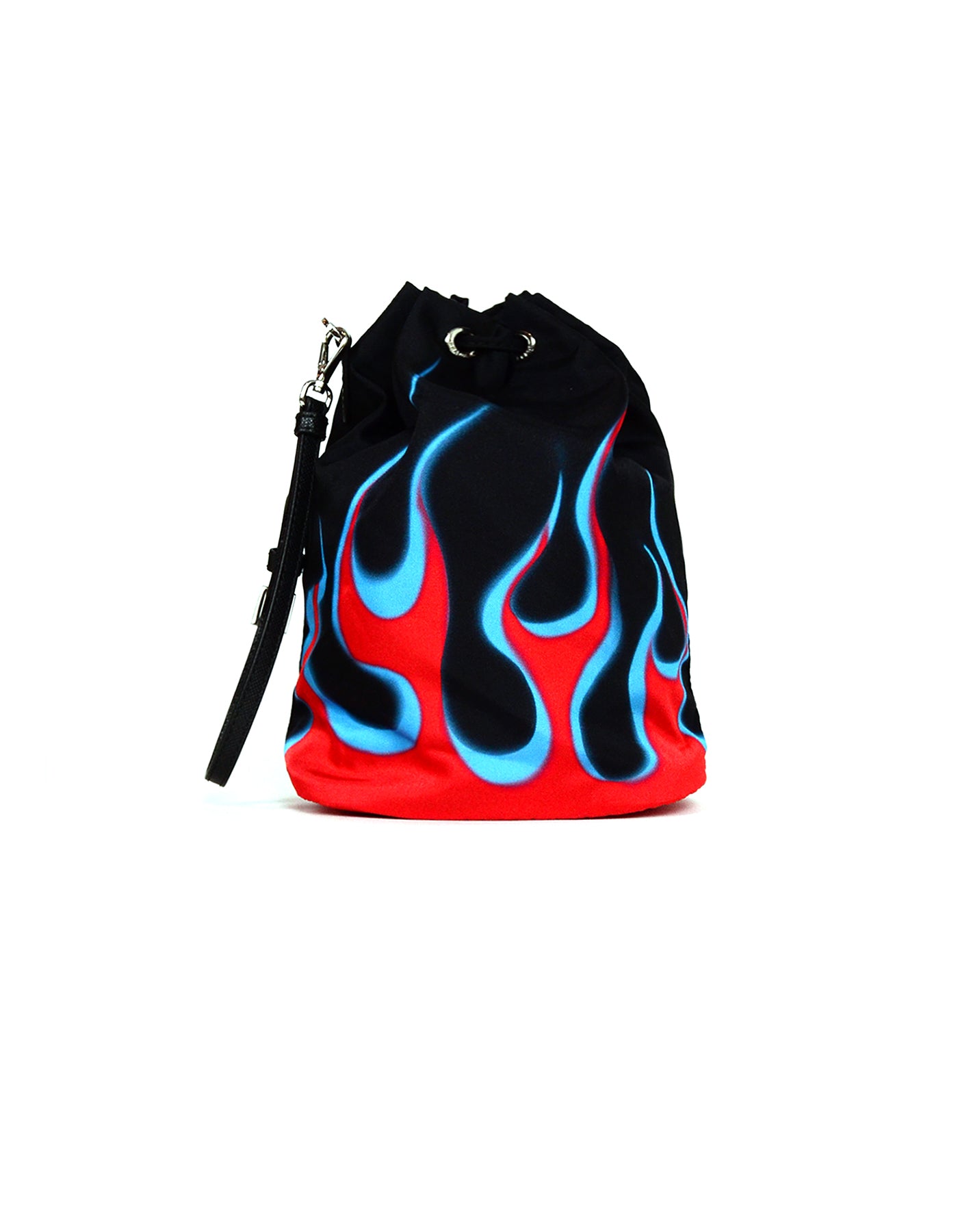 Prada 2019 Black Nylon Flame Print Wristlet Bucket Pouch Bag