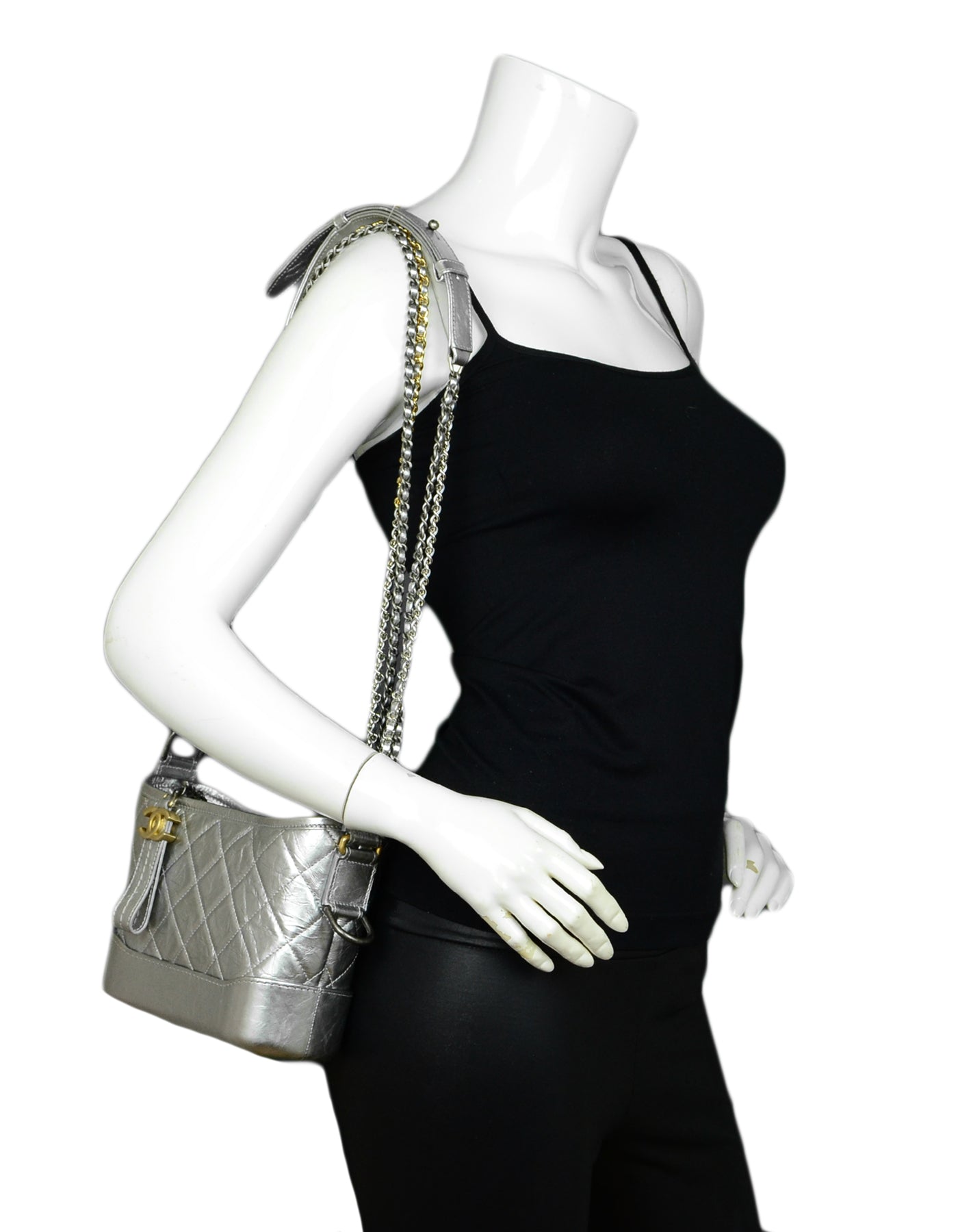 Chanel Silver Metallic Calfskin Quilted Small Gabrielle Hobo Bag