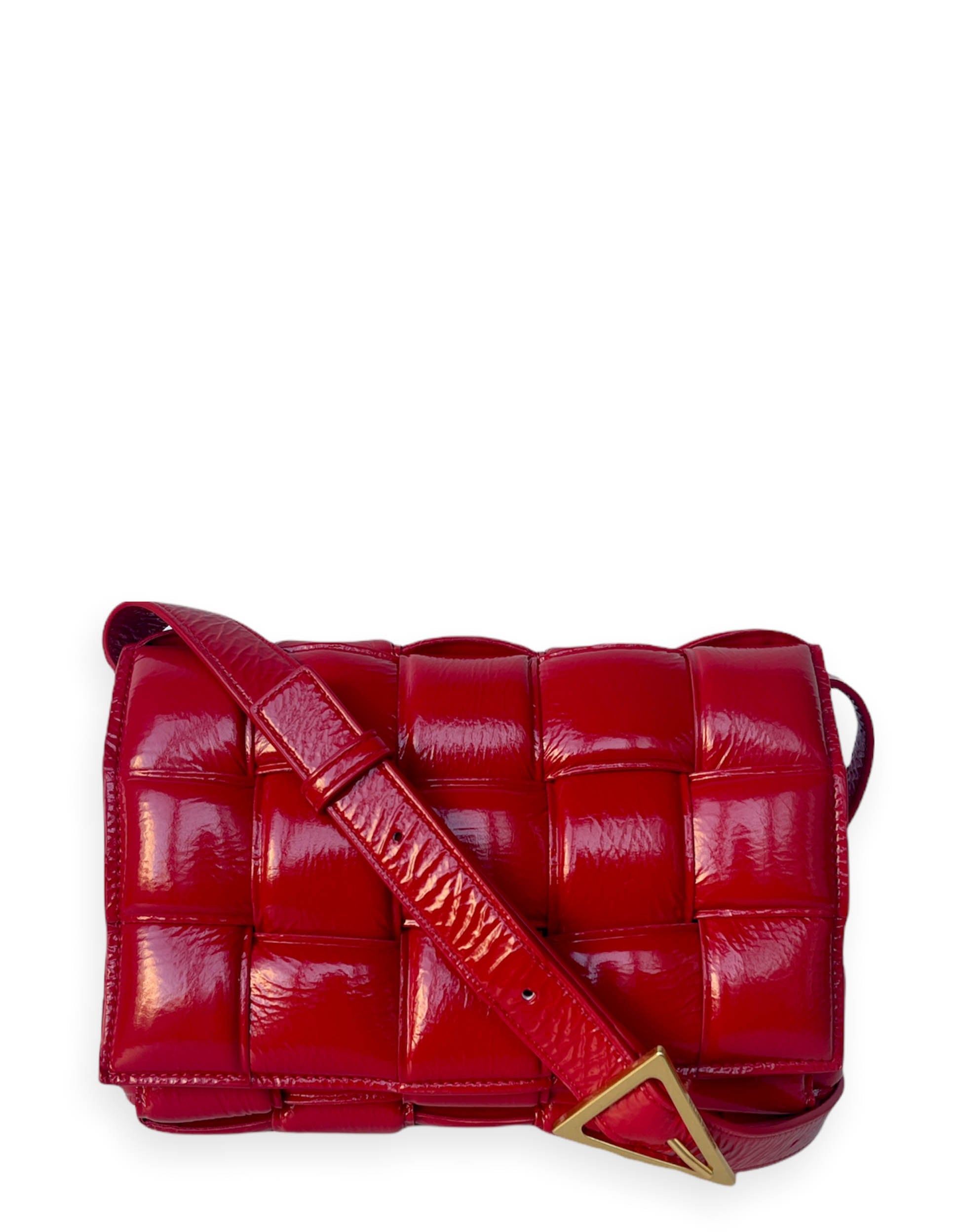 Bottega Veneta Red Patent Maxi Intrecciato Padded Cassette Crossbody Bag