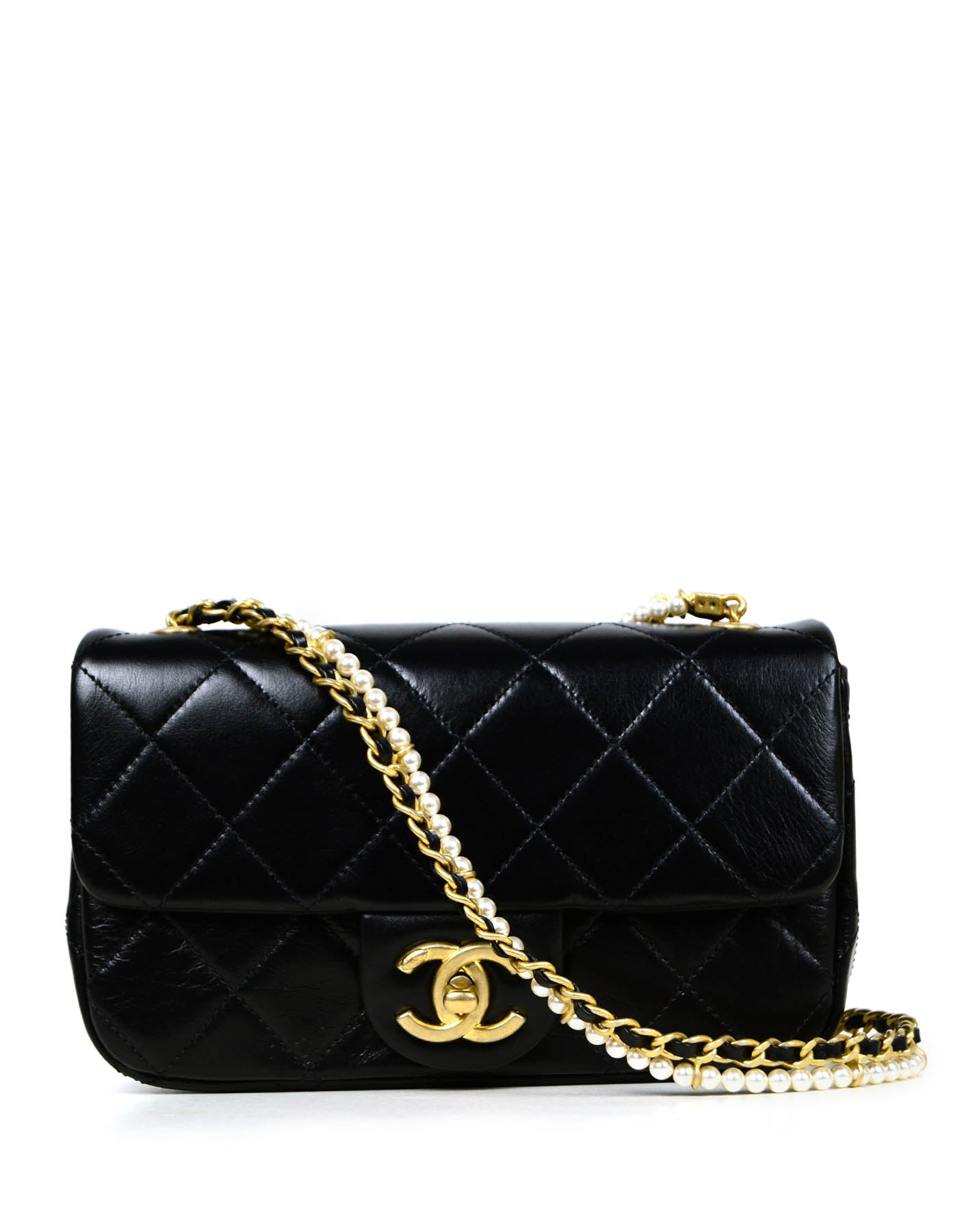 Chanel 2020 Black Calfskin Crystal Pearls Small Mini Flap Crossbody Bag