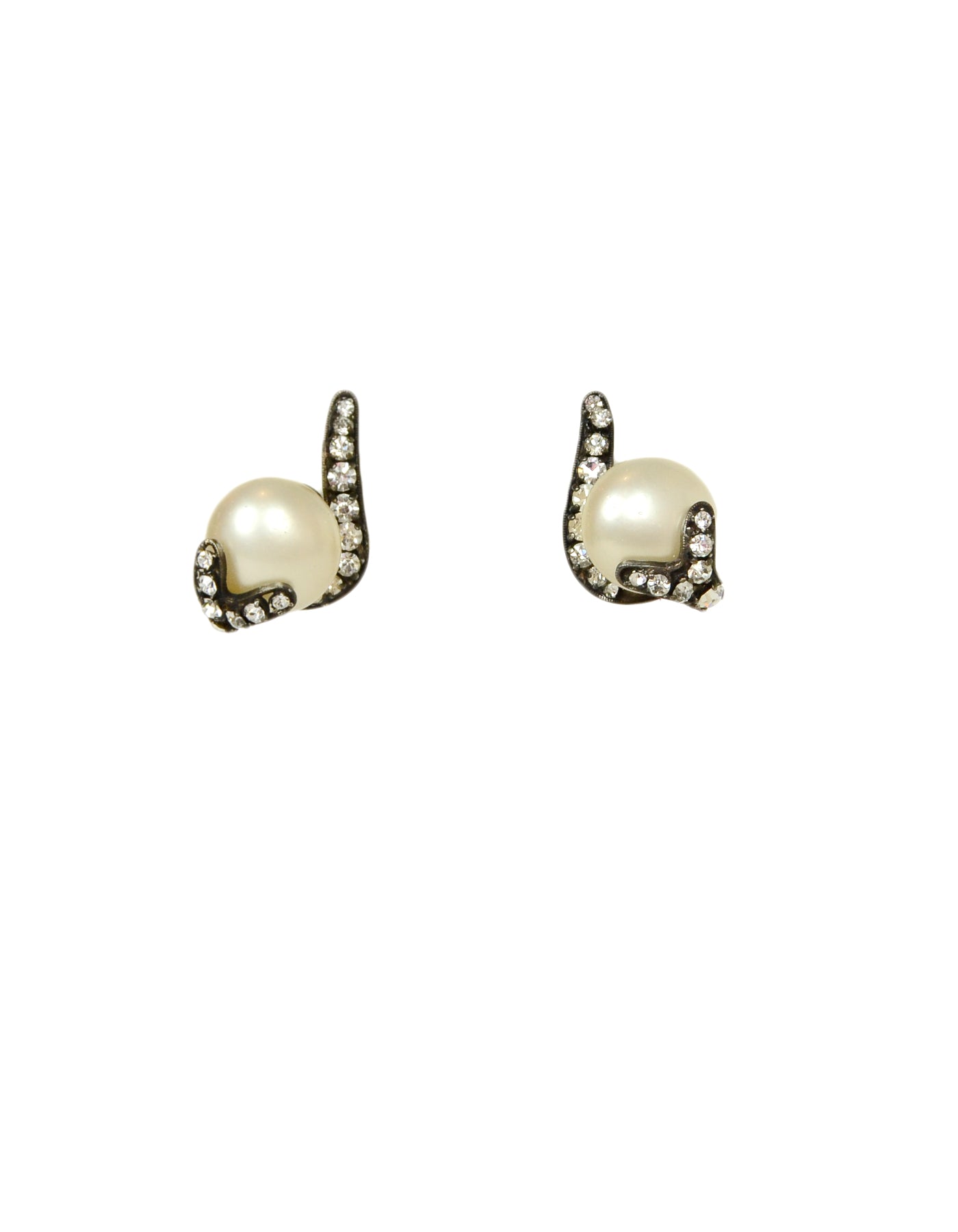 Chanel Vintage Grey Faux Pearl Earrings w/ Strass Crystals