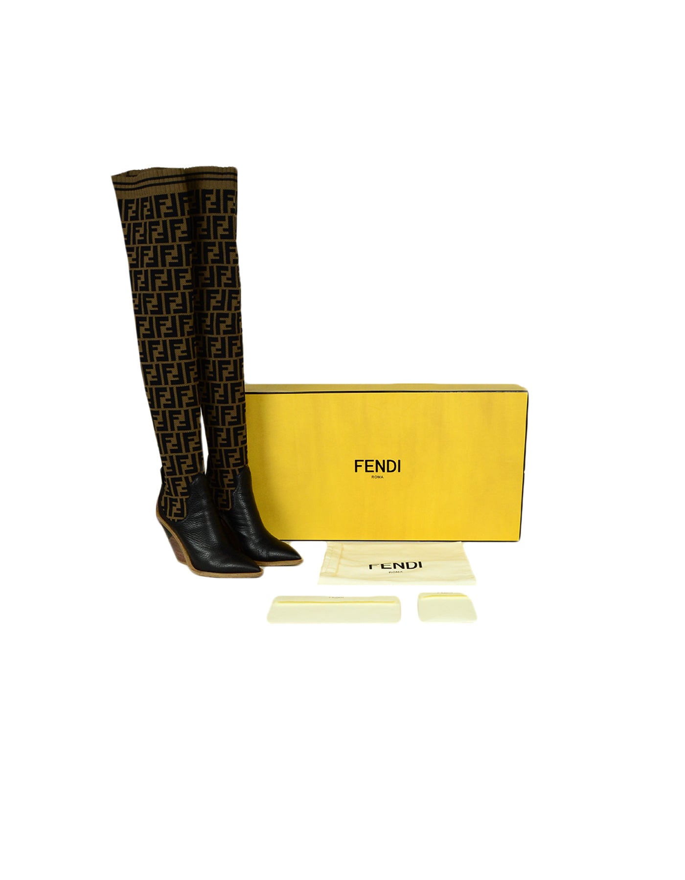 Fendi Brown Black Monogram Zucca Logo Print Sock Boots sz 37.5