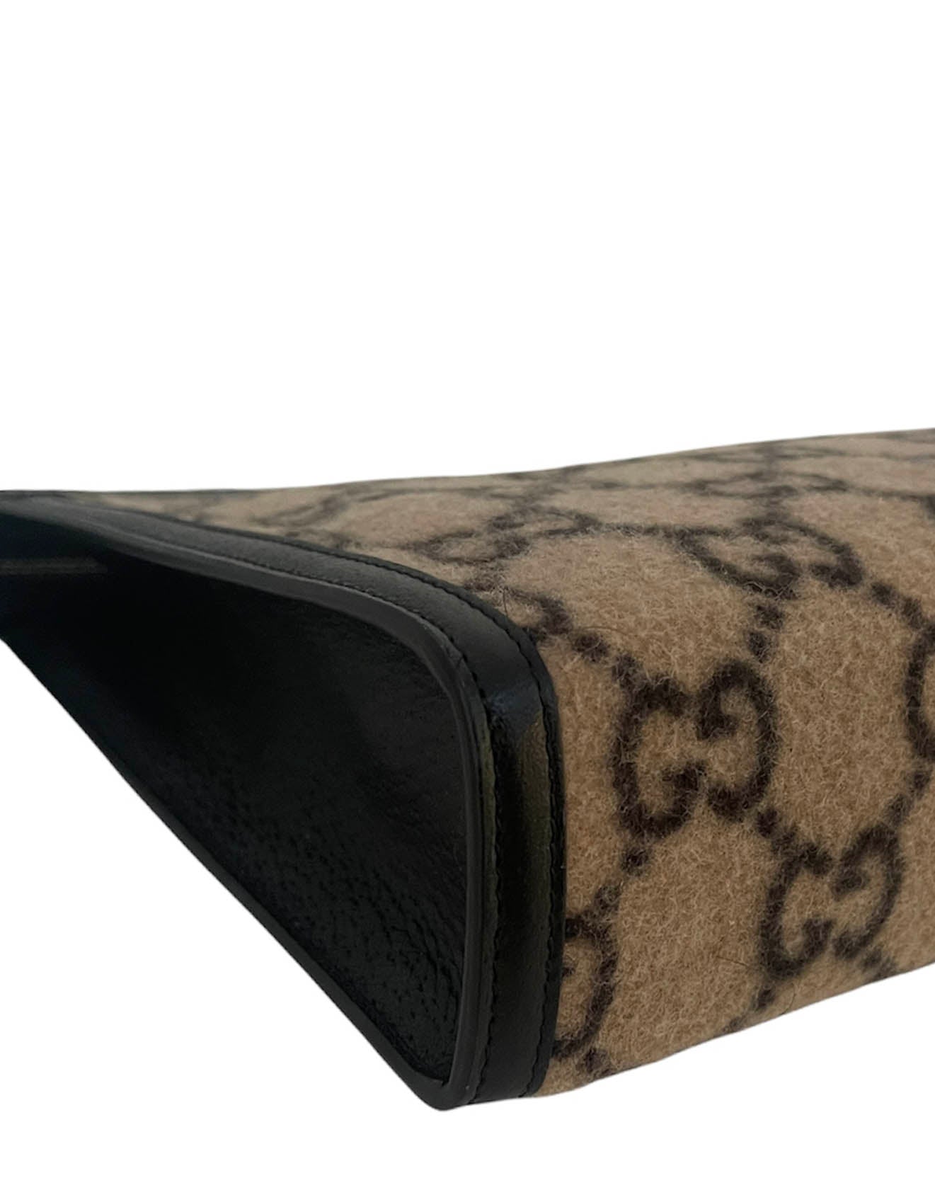 Gucci Beige and Black Wool Monogram Zip Top Pouch Bag