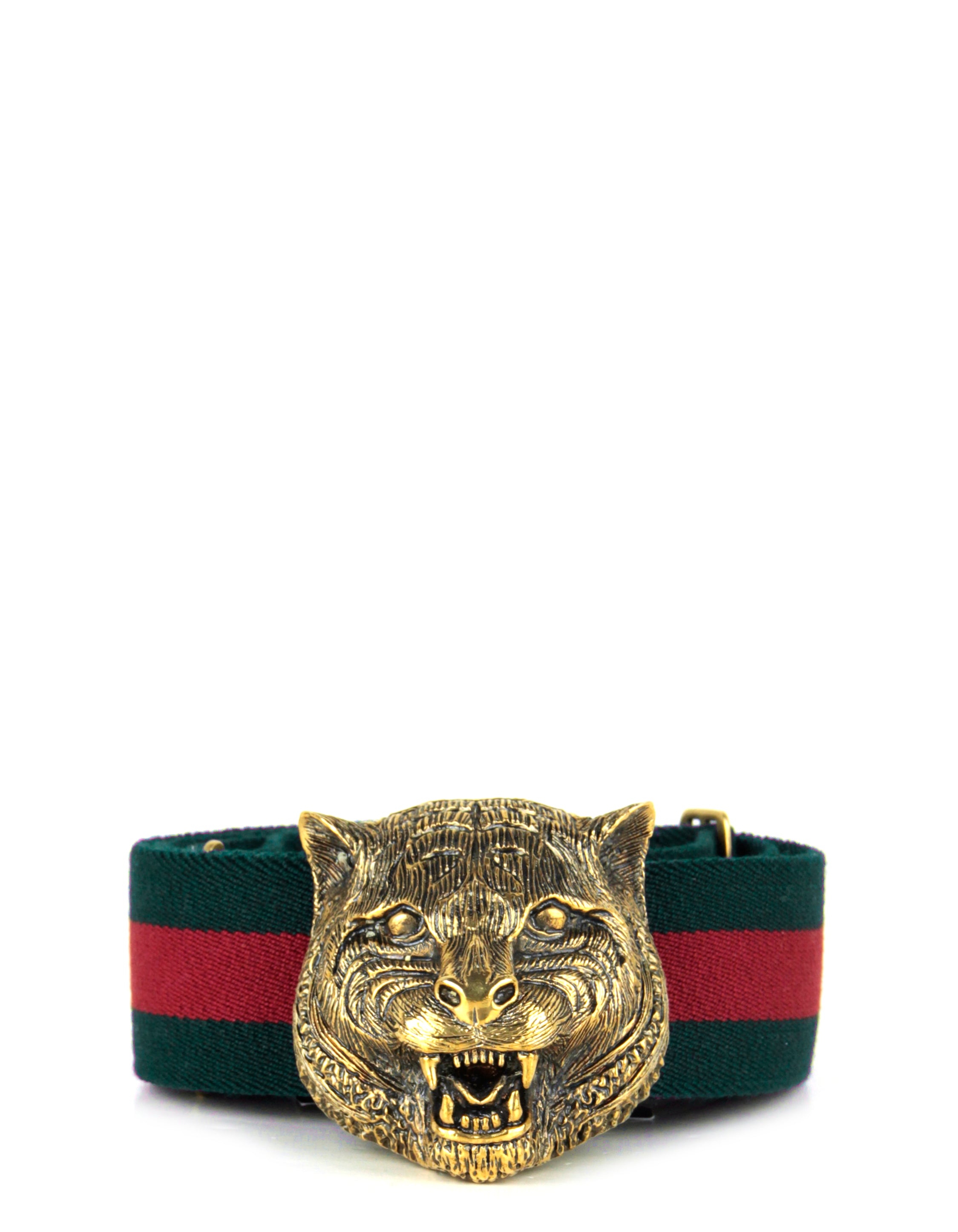 Gucci NWT Green/Red Web Tiger Head Buckle Belt sz 85/ 34