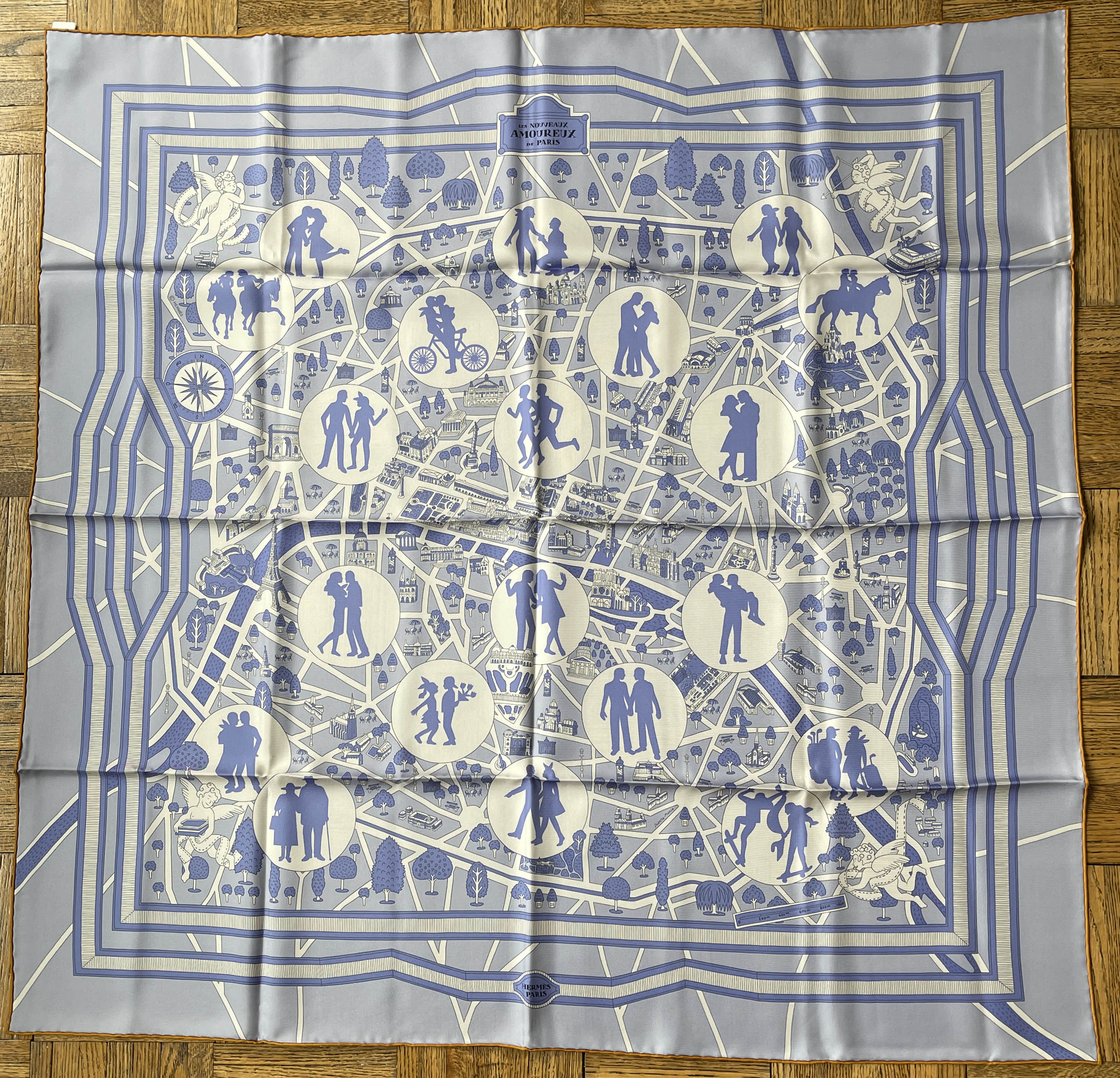 Hermes Blue/White Les Nouveaux Amoureux de Paris 90cm Silk Scarf