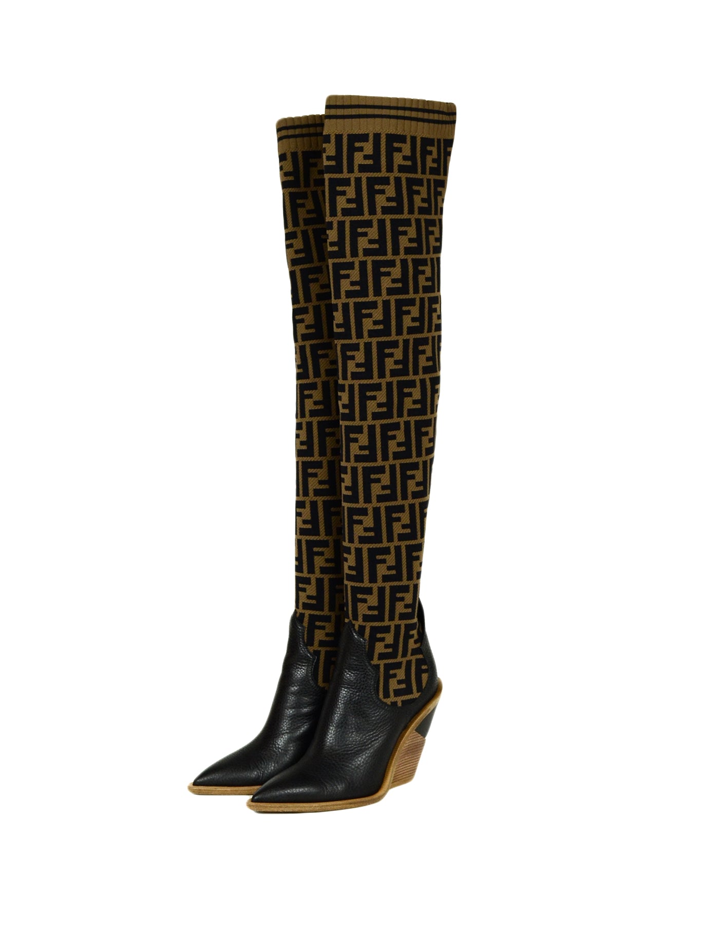 Fendi Brown Black Monogram Zucca Logo Print Sock Boots sz 37.5