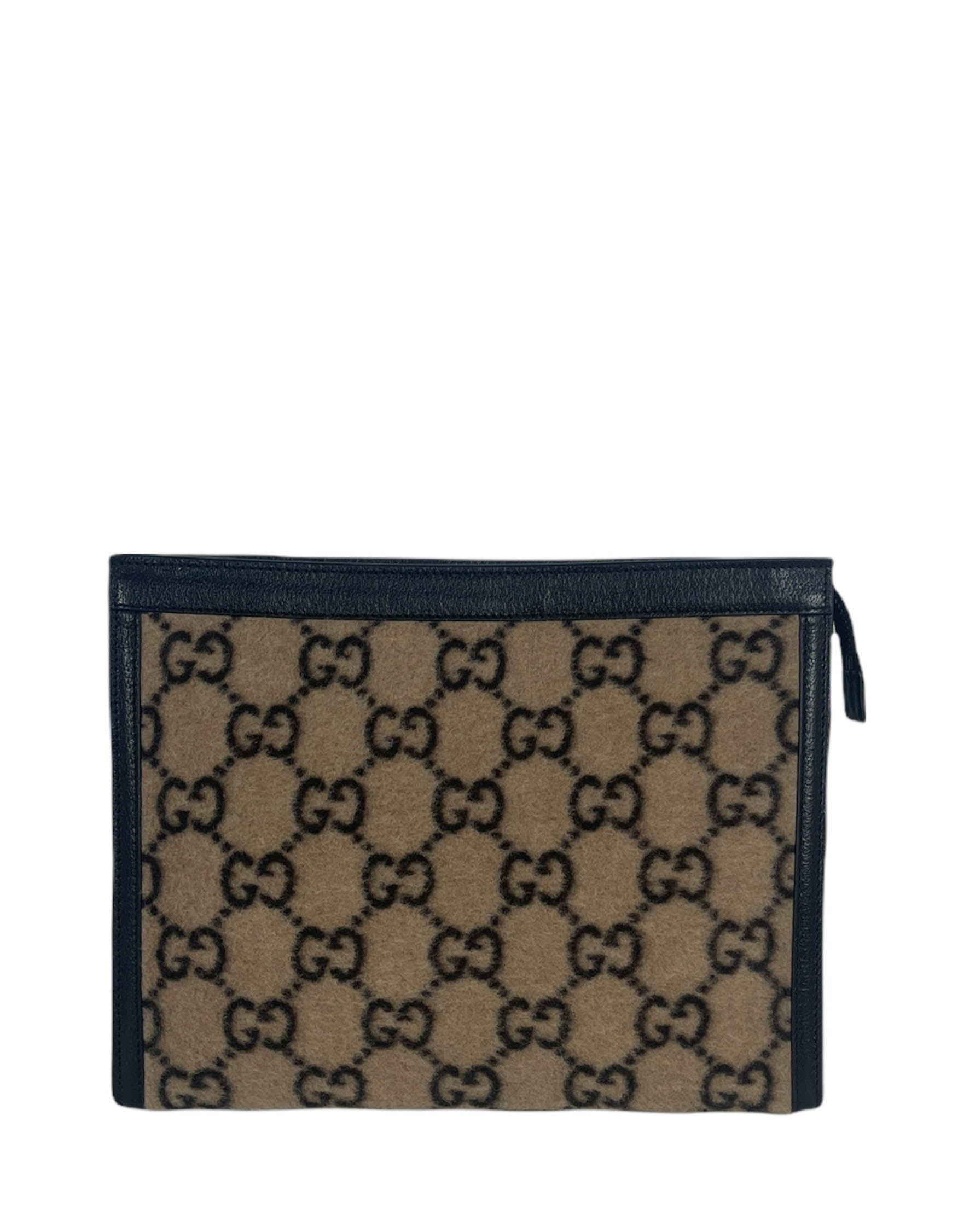 Gucci Beige and Black Wool Monogram Zip Top Pouch Bag