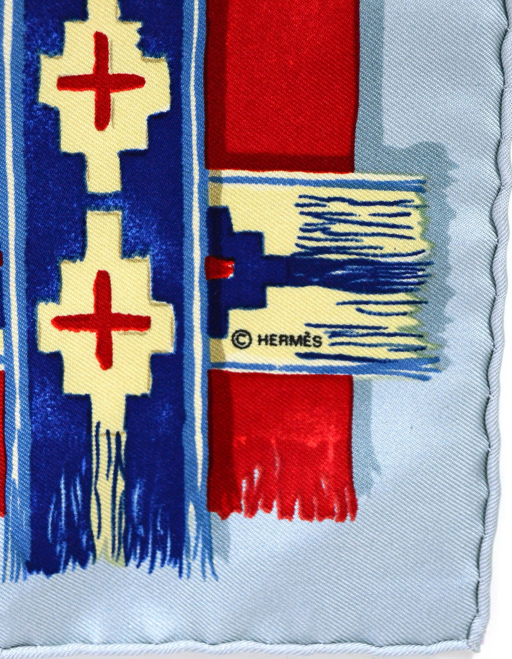 Hermes Blue & Red Gaucho 45cm Silk Pocket Square Scarf