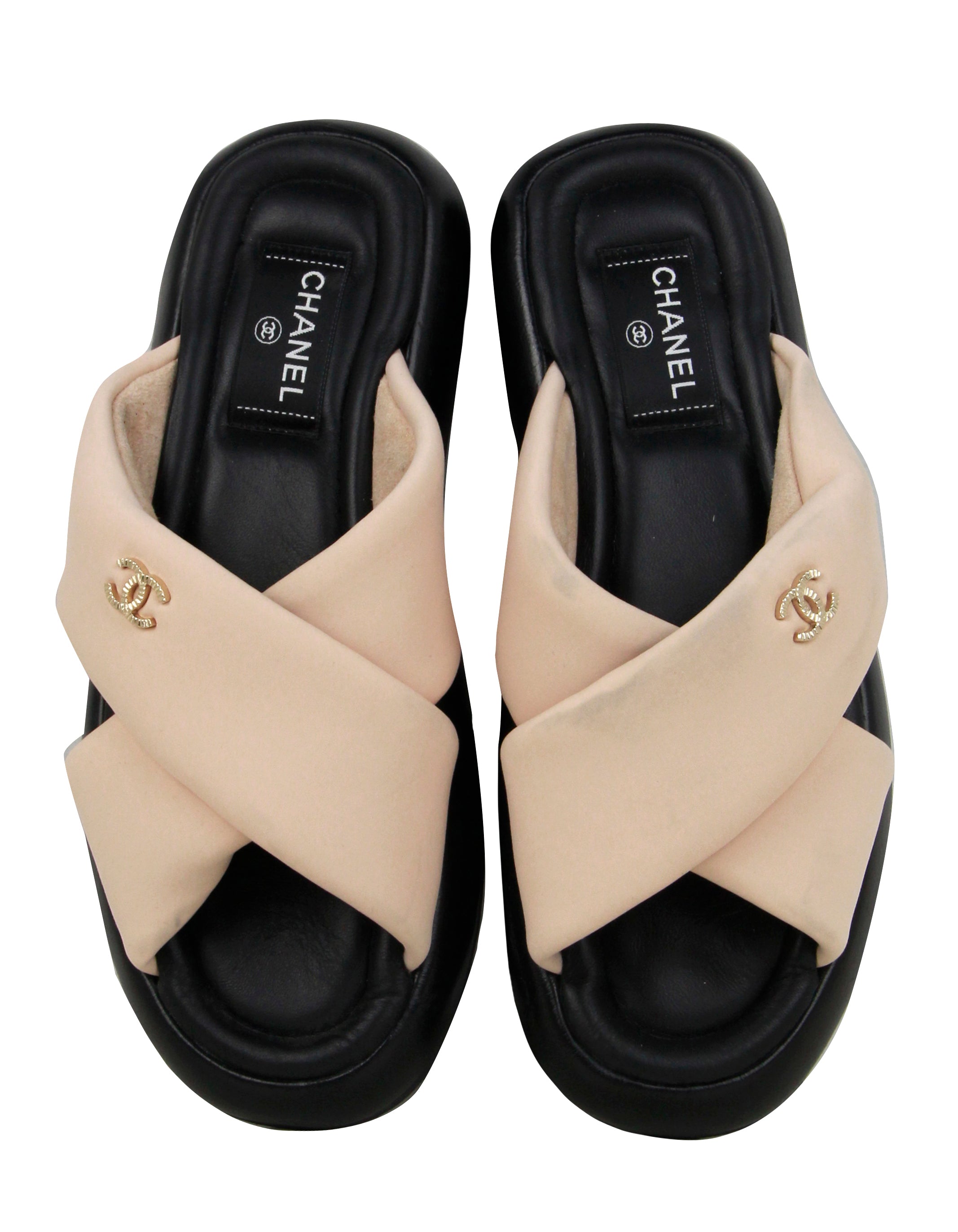 Chanel 2022 Nude/ Black Criss-Cross CC Logo Slides sz 39