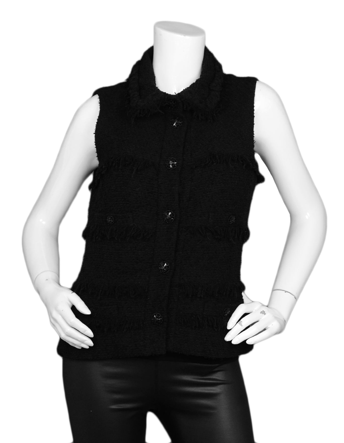 Chanel Black Wool Boucle Vest w/ Fringe sz 38