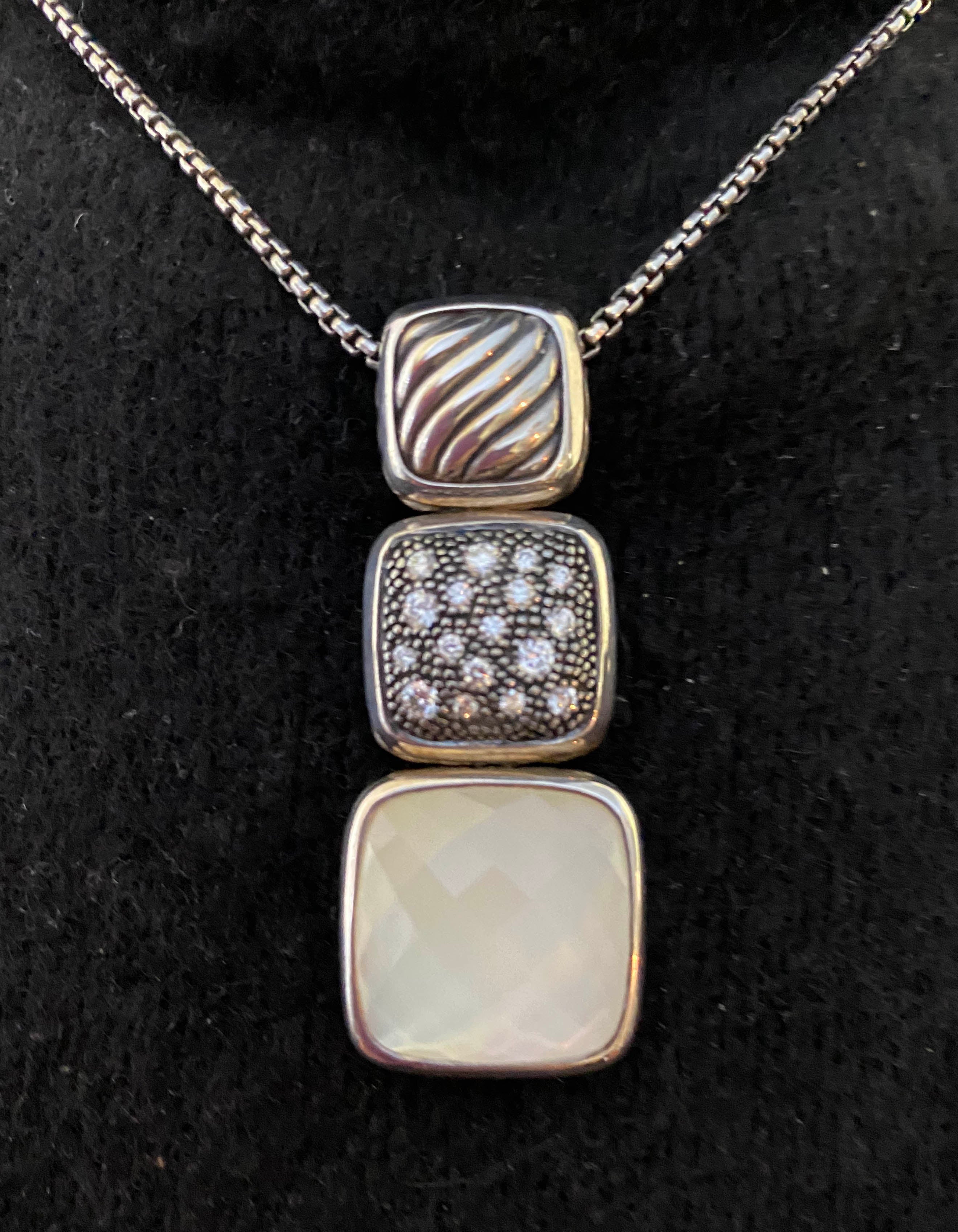 David Yurman Sterling Silver Chicklet Necklace w/ Diamond & MOP