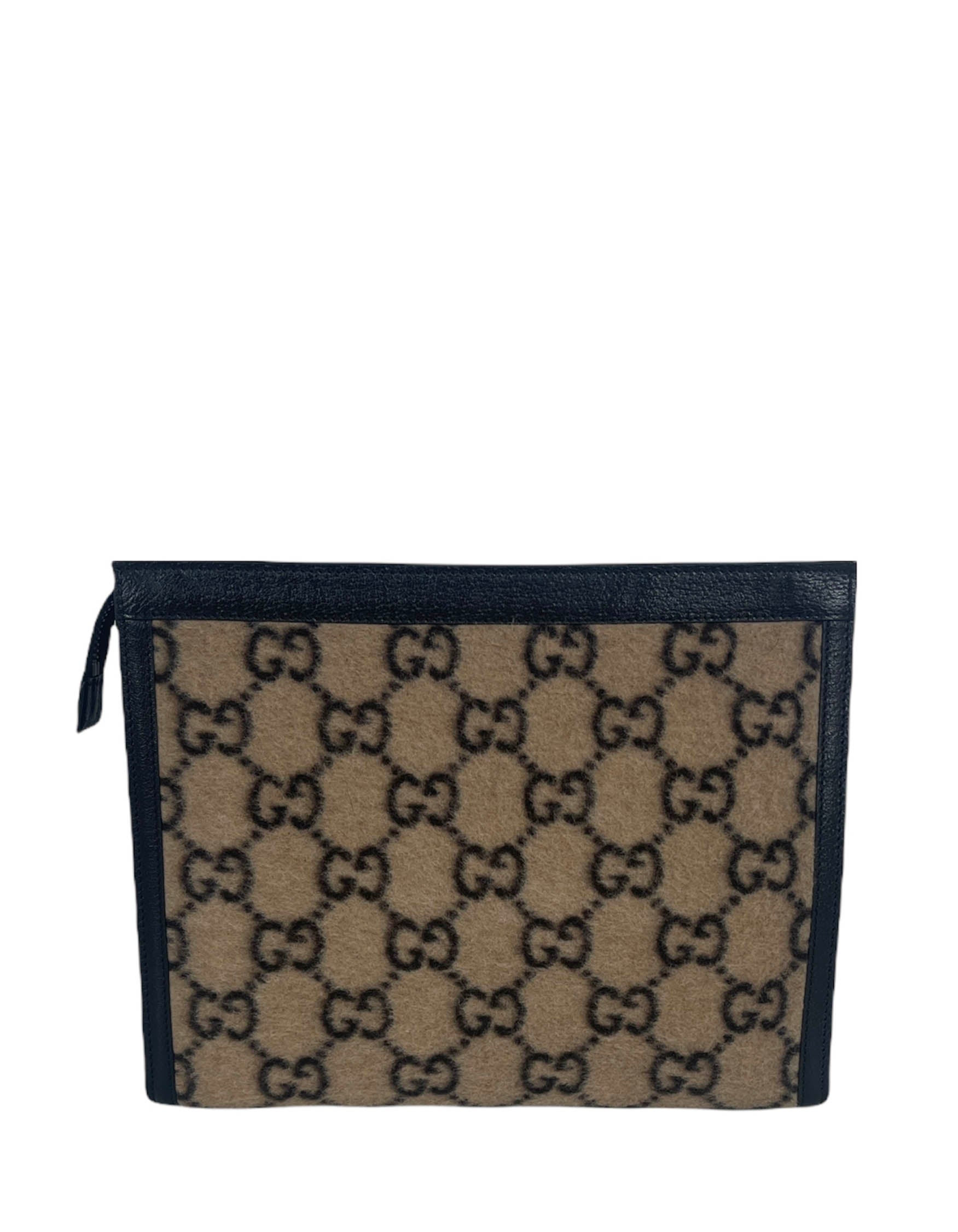 Gucci Beige and Black Wool Monogram Zip Top Pouch Bag