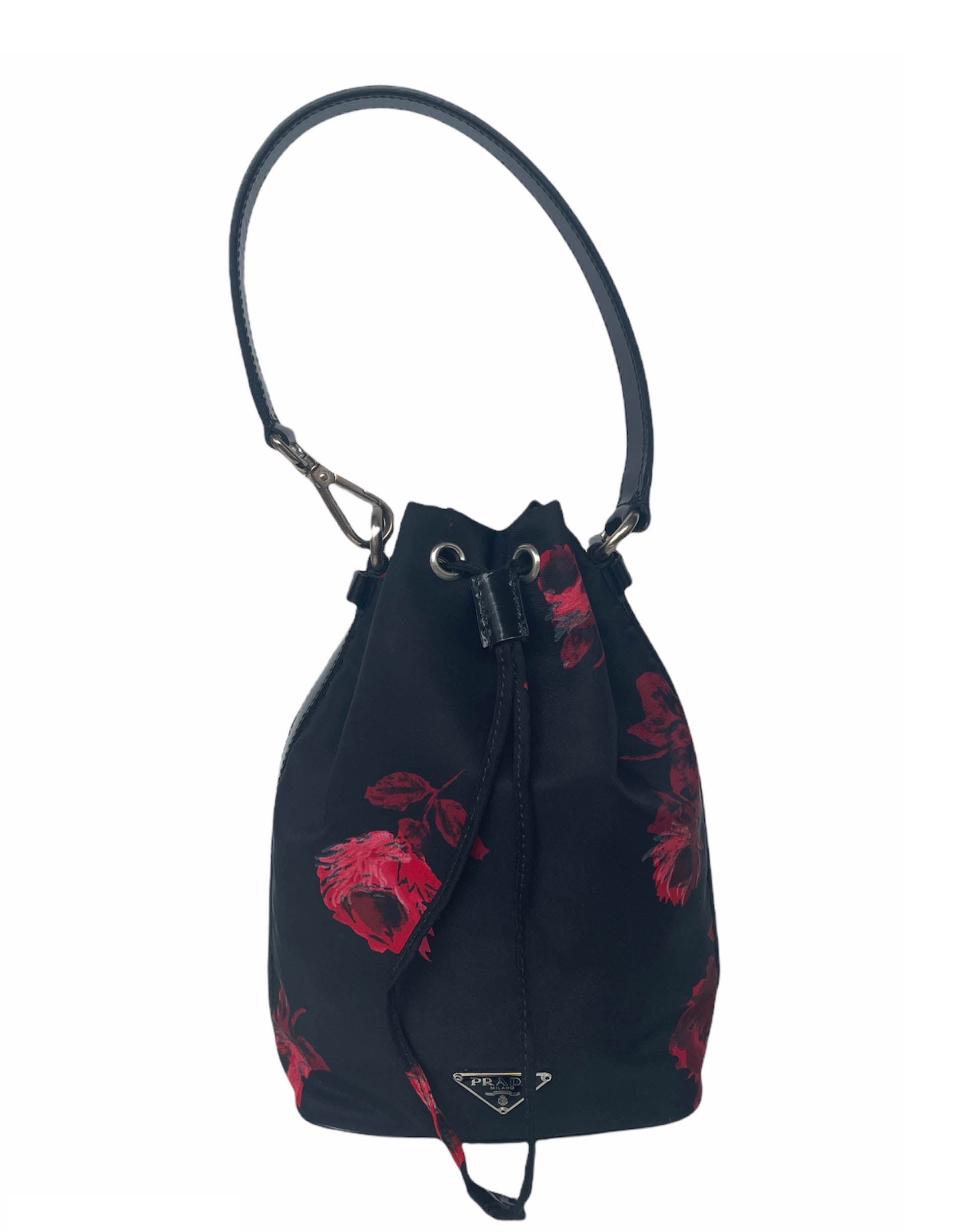 Prada Black Nylon Floral Print Mini Bucket Bag