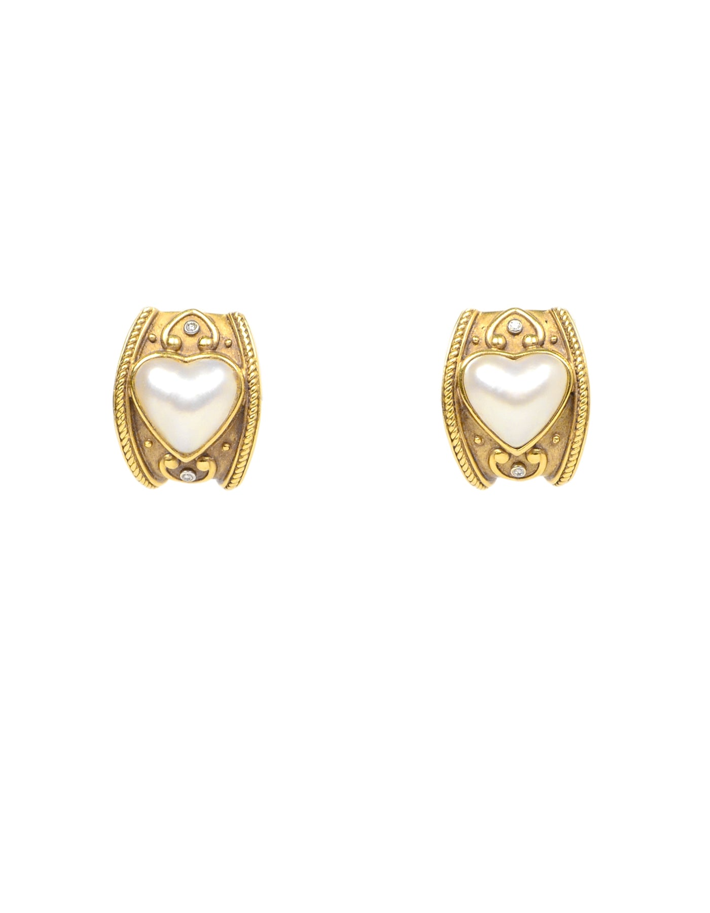 Vintage 18K Gold Clip On Earrings W/ Diamond & Pearl Heart