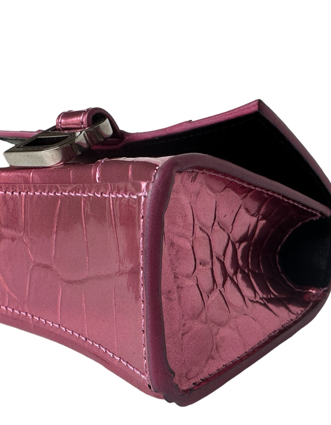 Balenciaga Metallic Pink Embossed Crocodile Hourglass Mini Top Handle Bag