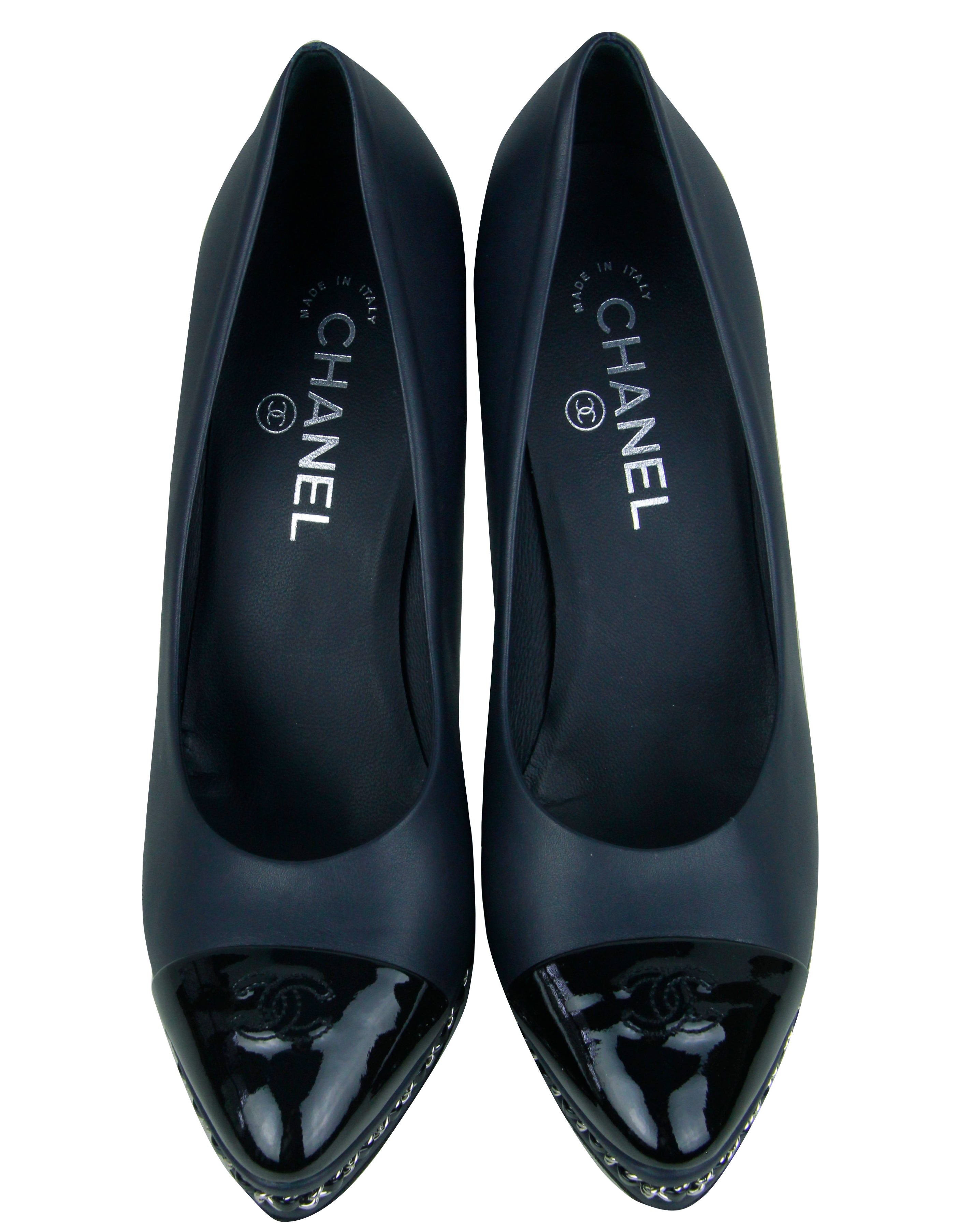 Chanel Calfskin Navy Patent CC Cap Toe Platform Chain Pumps sz 39.5