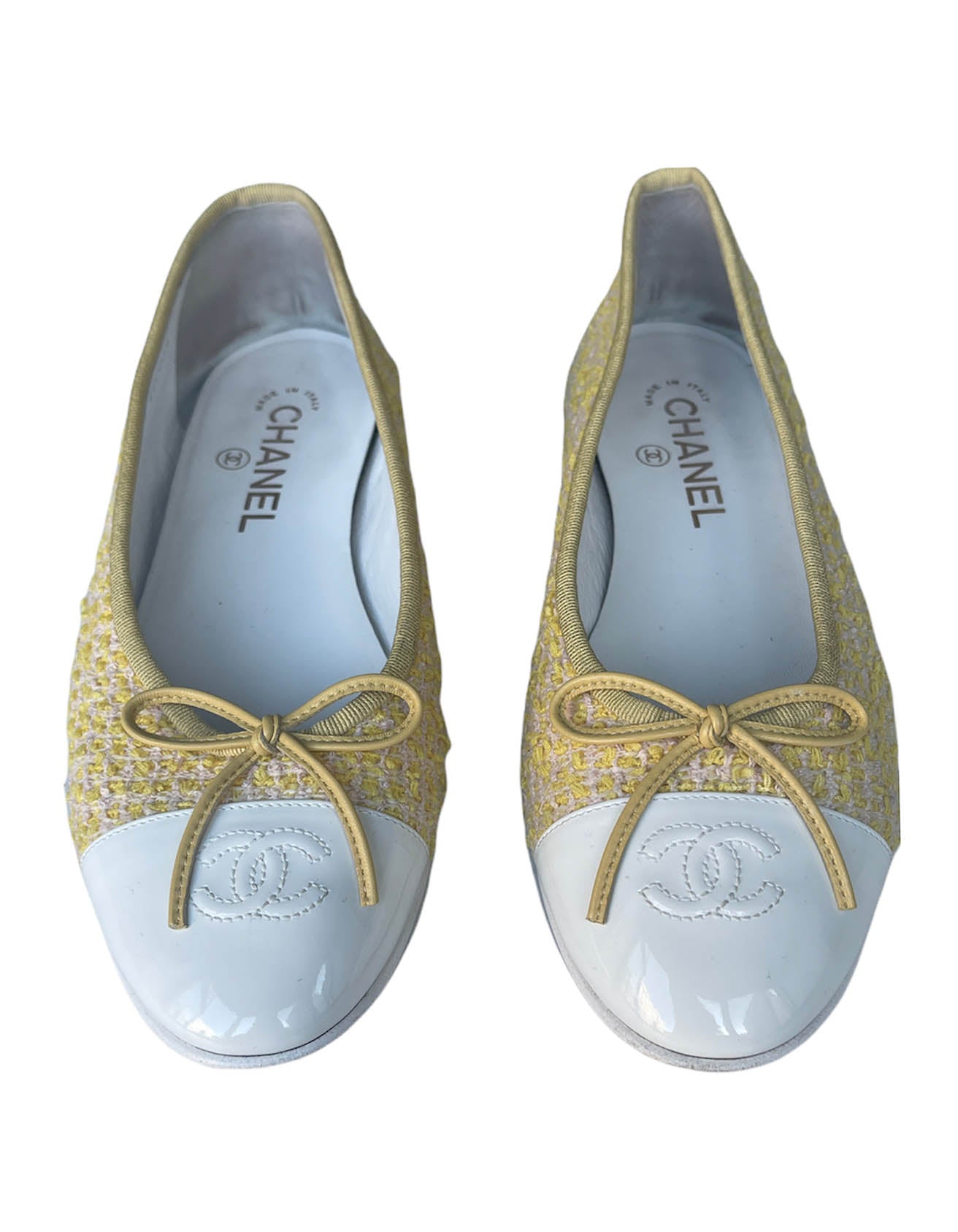 Chanel 2021 Yellow Tweed/ White Patent CC Ballerina Flats sz 39