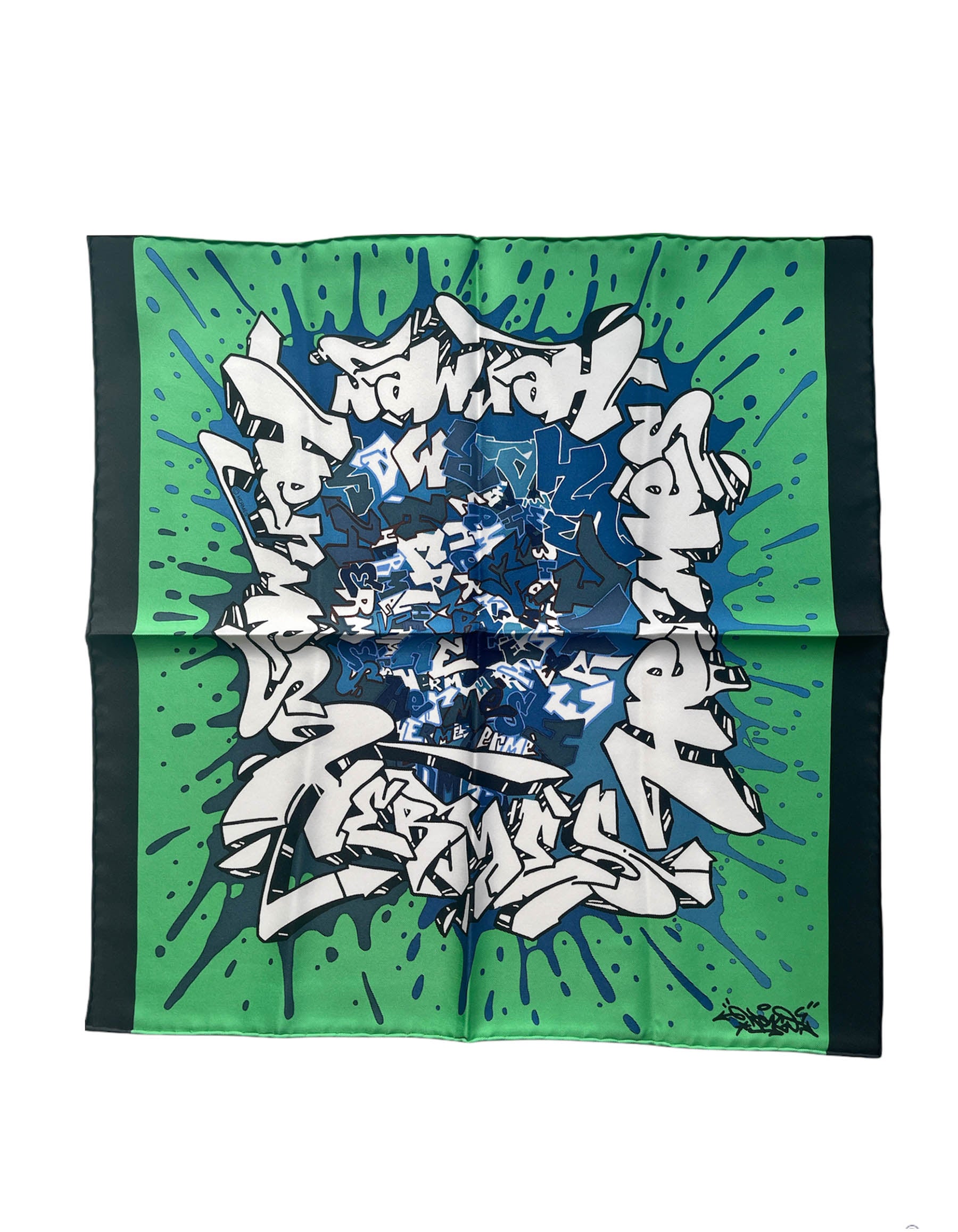 Hermes NEW Green/Black/ Blue Graff Hermes Print Pocket Square