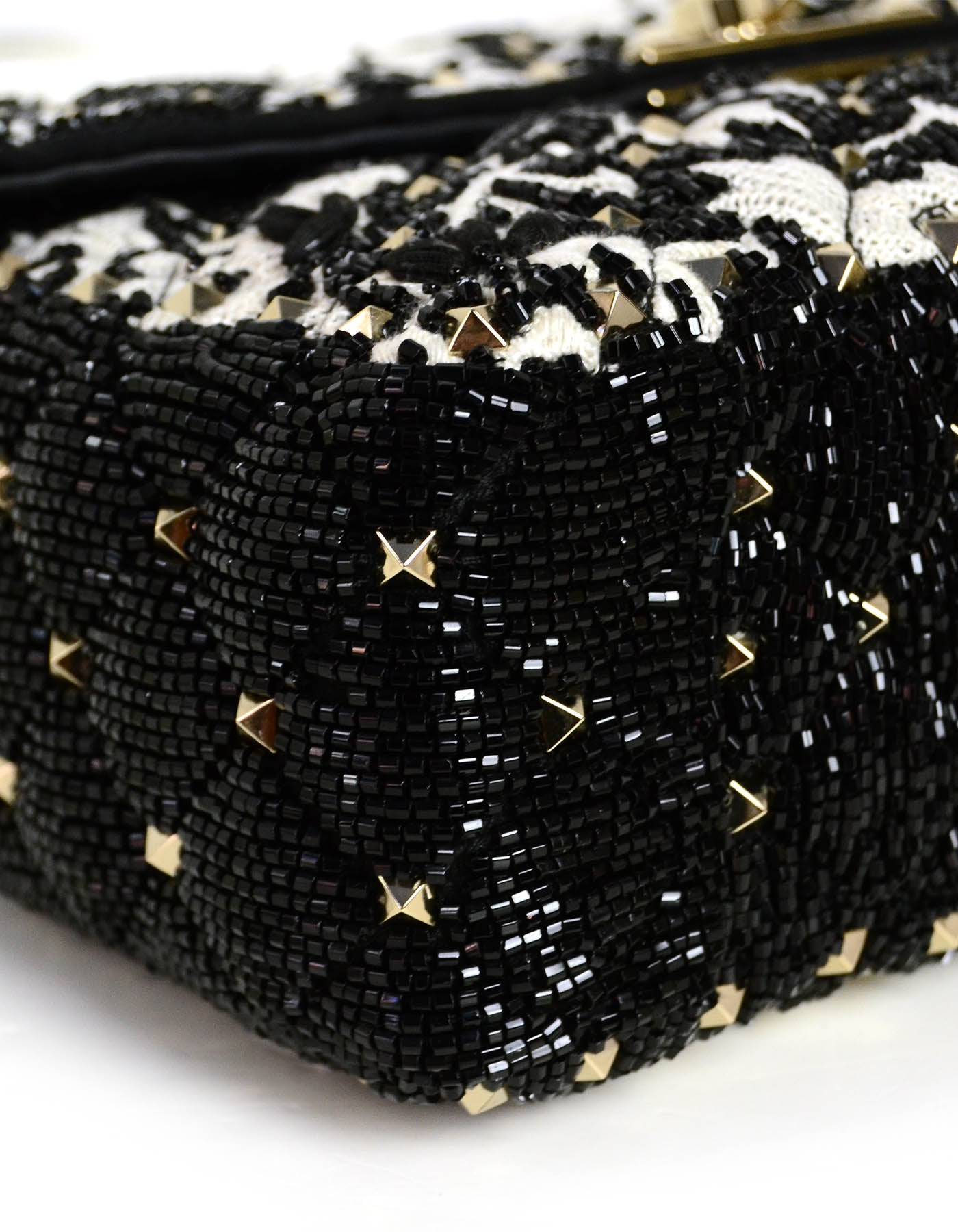 Valentino Black/White Lace & Beaded Medium Rockstud Spike Bag