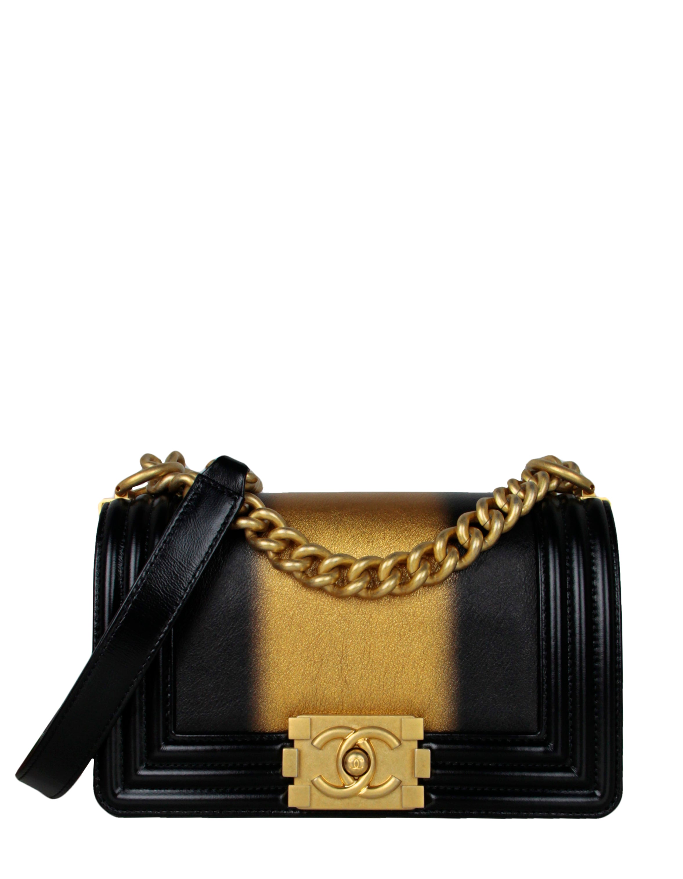 Chanel 2021 Calfskin Leather Metallic Black/Gold Small Boy Bag