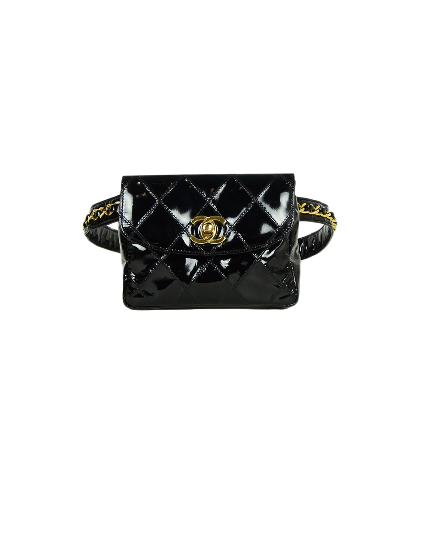 Chanel Black Patent Leather Quilted CC Twist-lock Leather Laced Belt Bag