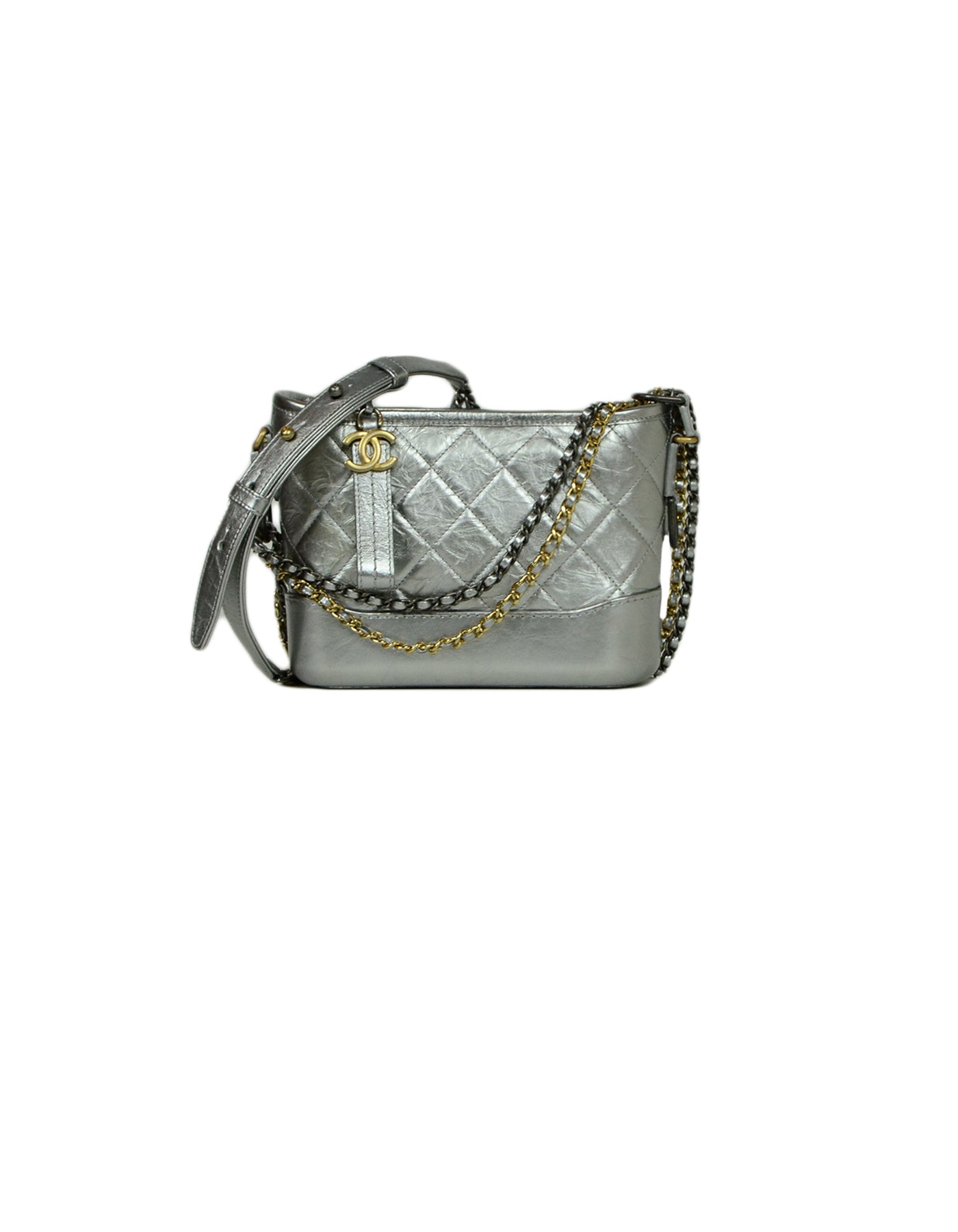 Chanel Silver Metallic Calfskin Quilted Small Gabrielle Hobo Bag