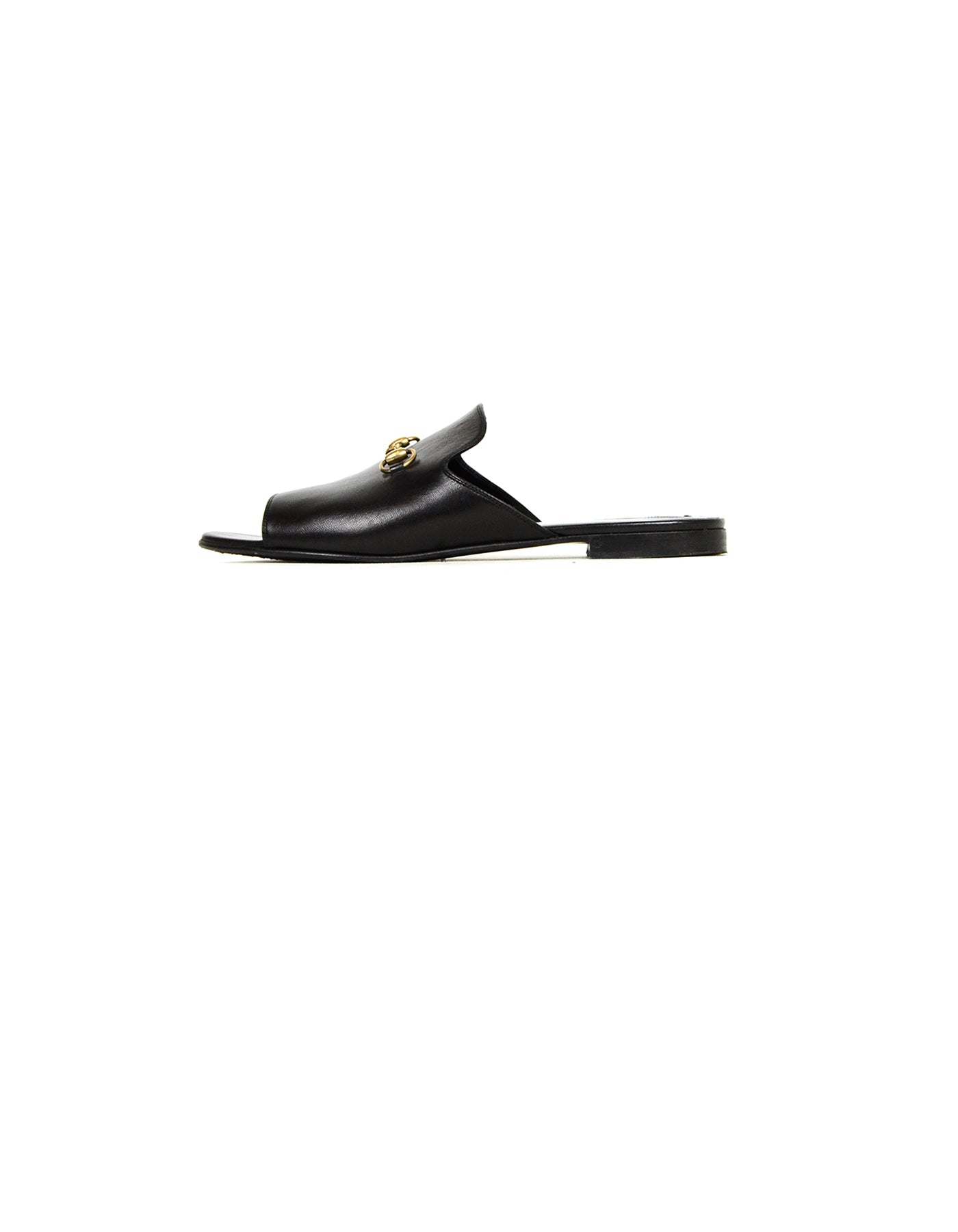 Gucci Black Leather Horsebit Peep-Toe Slides sz 39.5