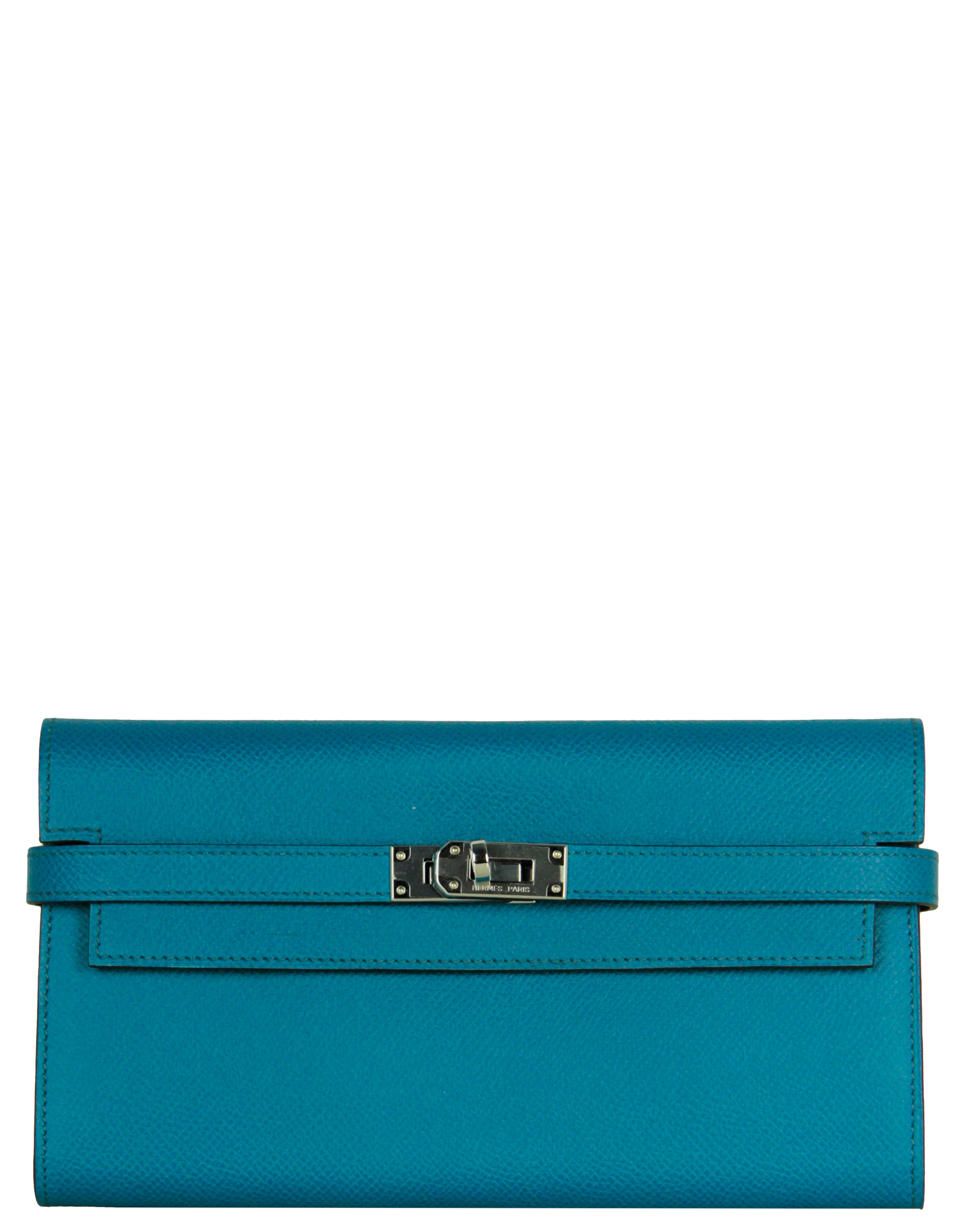 Hermes Colvert Blue Epsom Leather Kelly Longue Wallet w/ Palladium