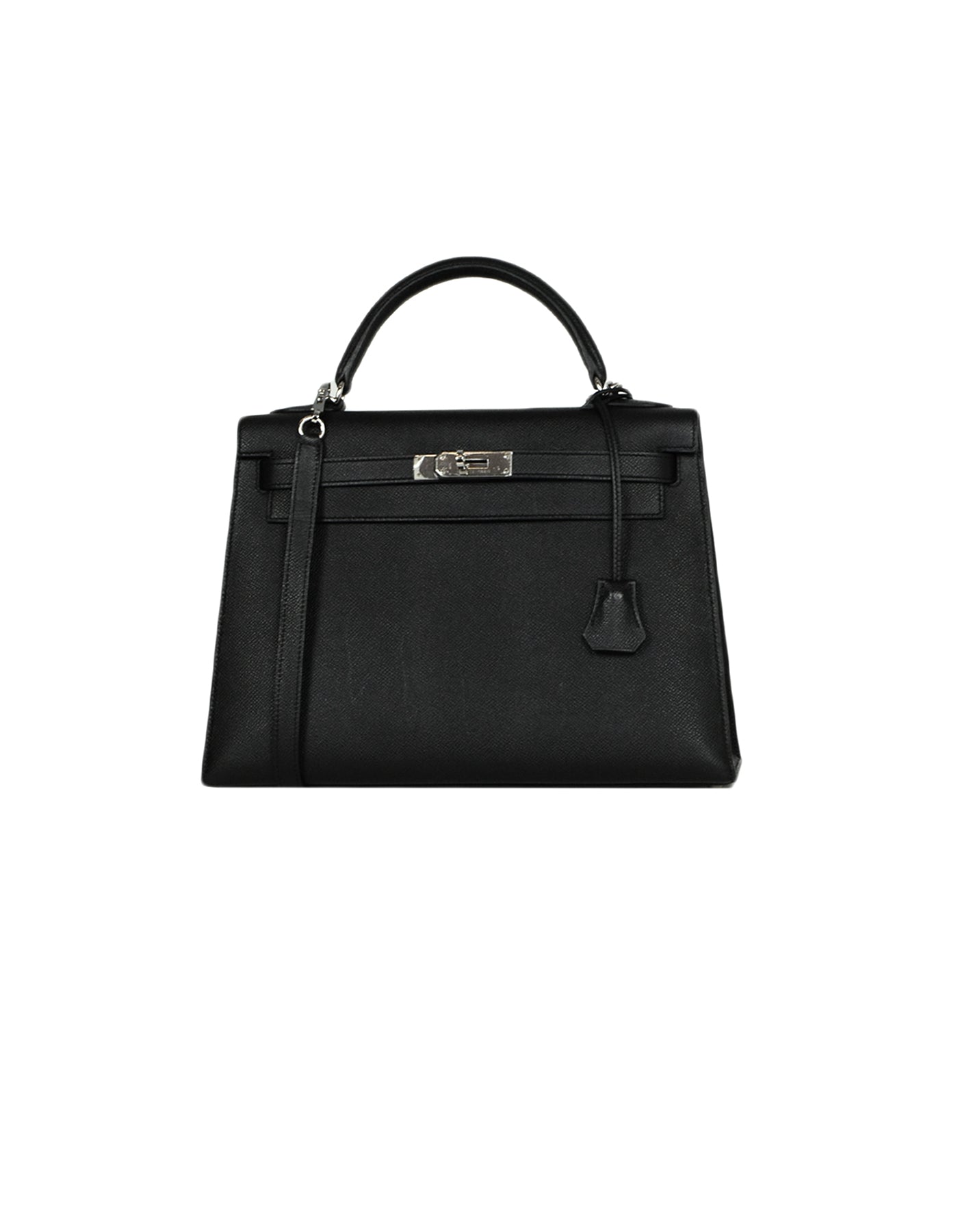 Hermes Black Epsom Leather 32cm Sellier Kelly Bag w/ Strap Lock & Clochette