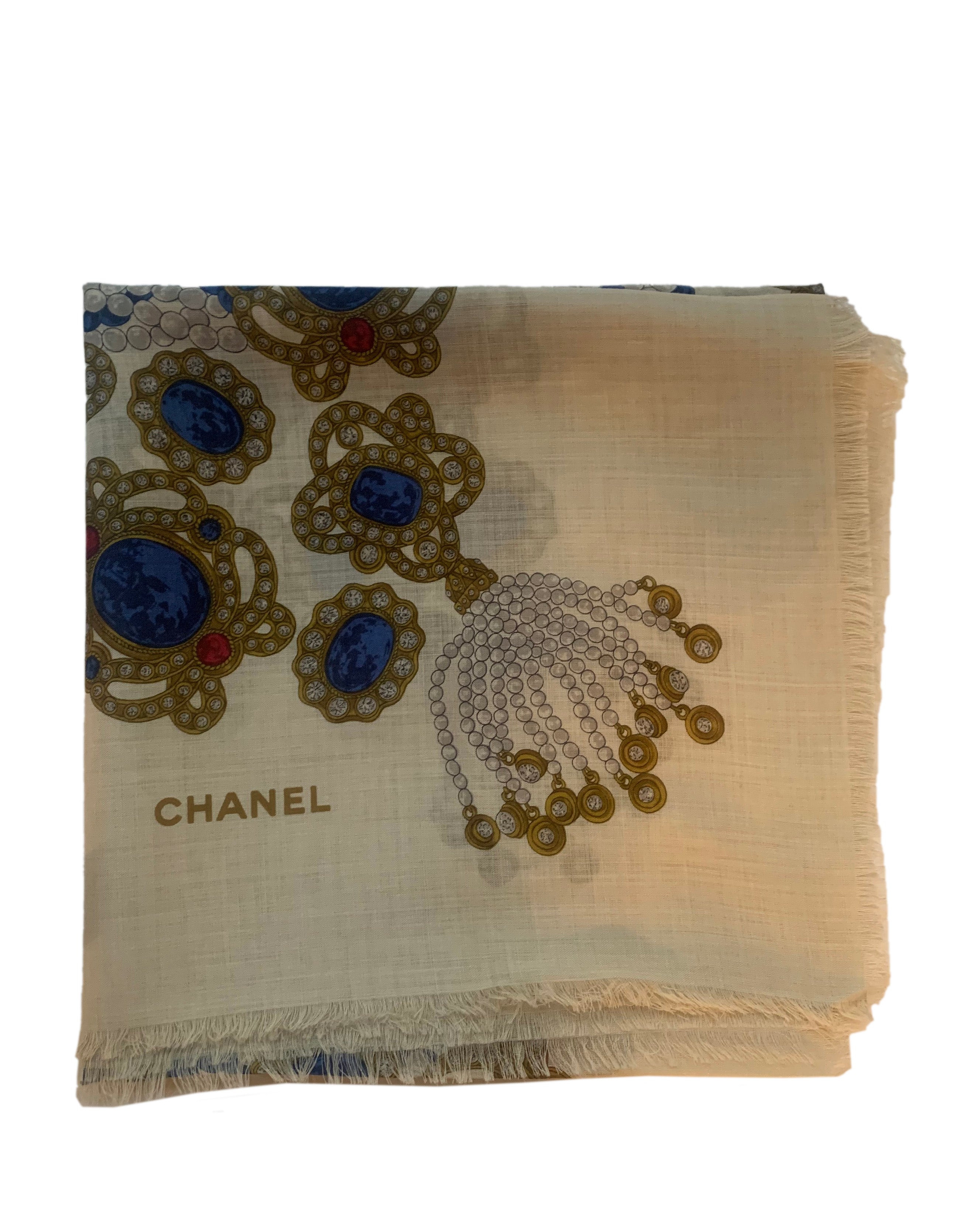 Chanel Cream Wool & Silk Jewel Print XL Scarf/Shawl