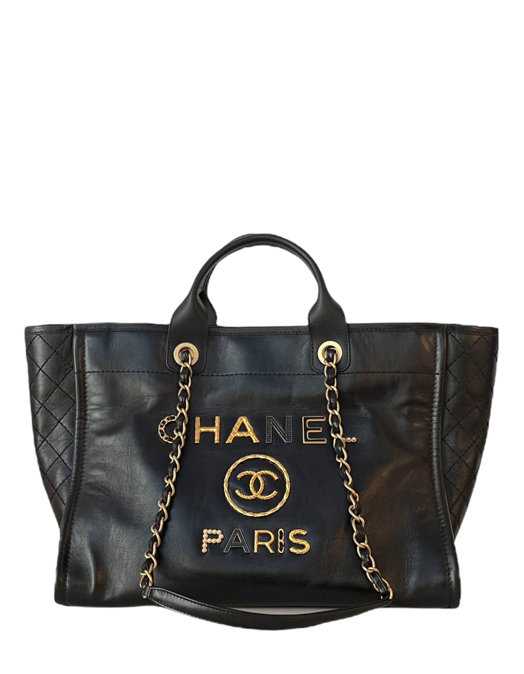Chanel Black Aged Calfskin Leather Medium Charms Deauville Tote Bag