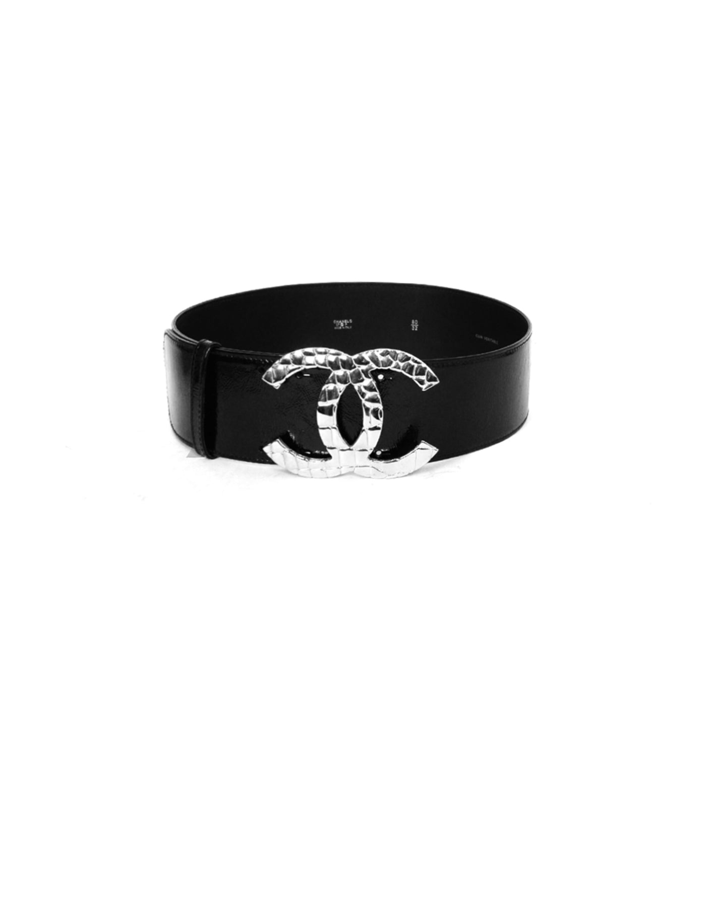 Chanel Black Patent Leather Wide Belt with Quilted CC Logo sz 80/32