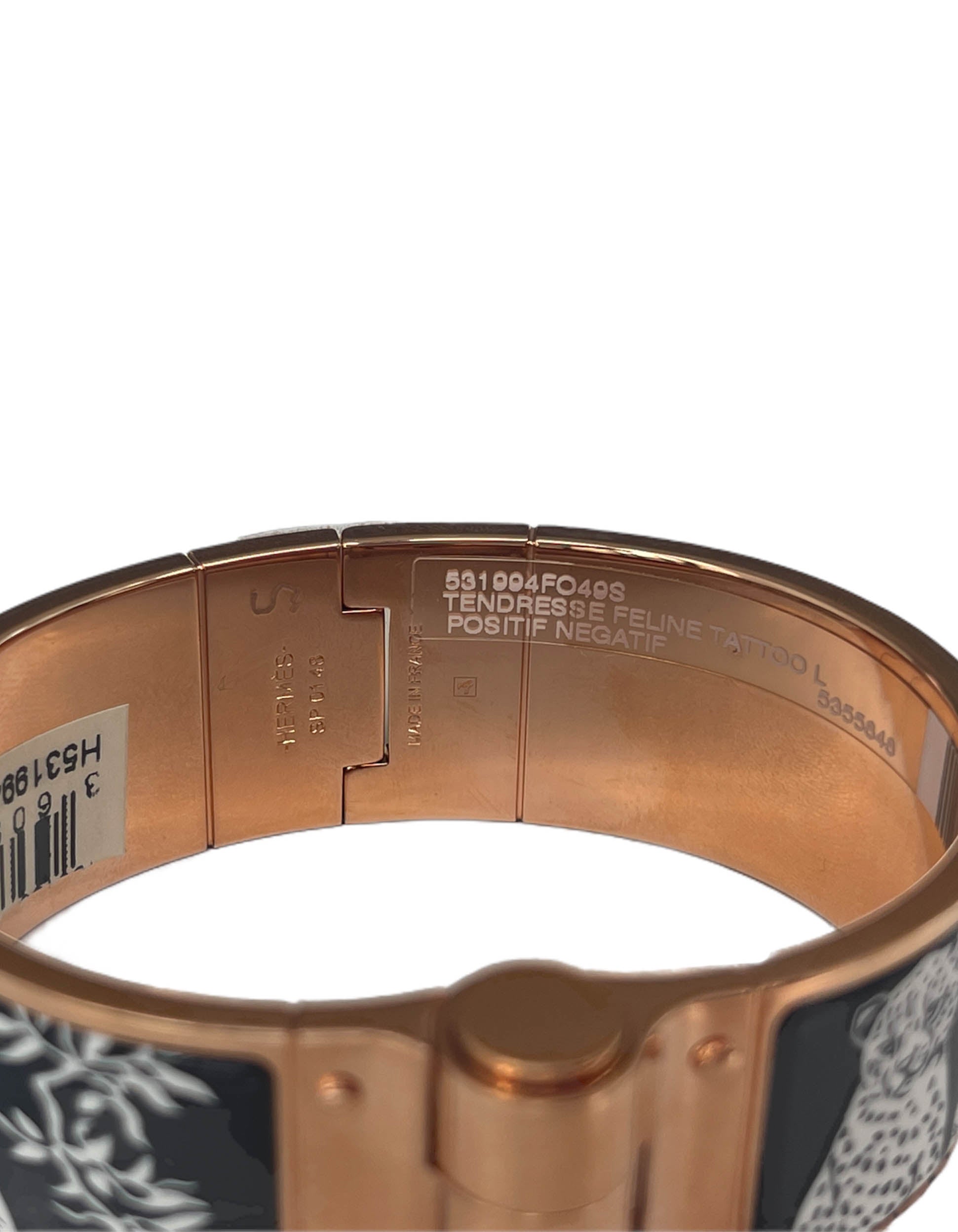 Hermes NEW Rose Gold Tendresse Feline Tattoo Hinged Bracelet sz S